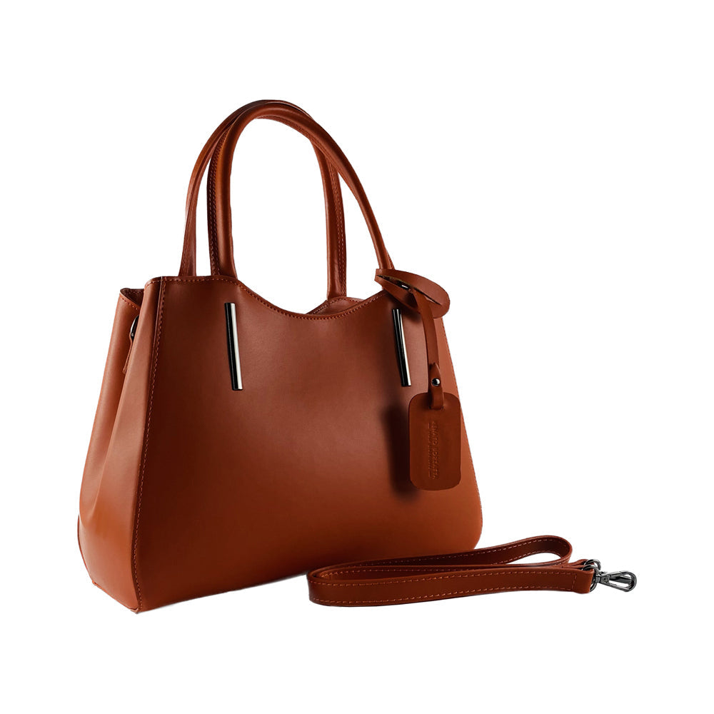 RB1004AM | Genuine Leather Hand Bag Made in Italy with Removable Shoulder Strap and Gunmetal Metal Carabiner Attachments - Paprika Color - Size: 33 x 25 x 15 cm + Handles 13 cm