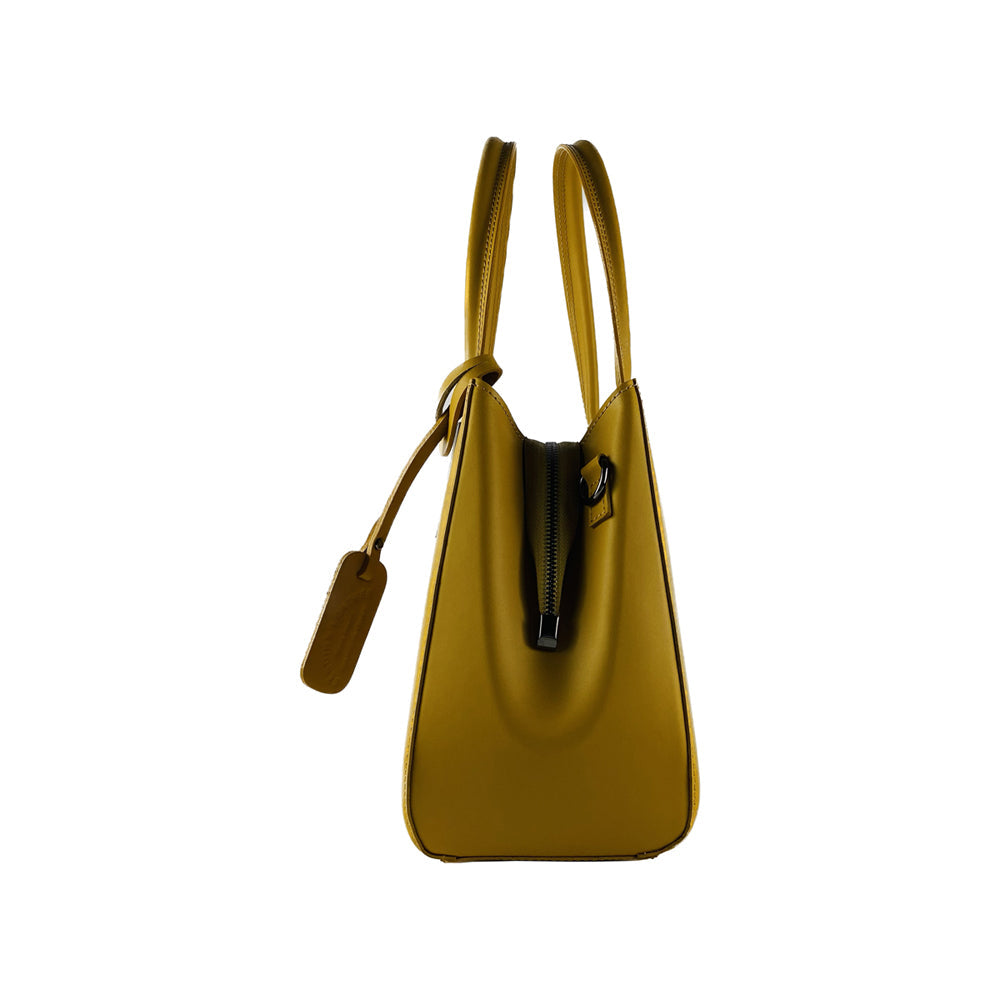 RB1004R | Genuine Leather Hand Bag Made in Italy with Removable Shoulder Strap and Gunmetal Metal Carabiner Attachments - Mustard Color - Size: 33 x 25 x 15 cm + Handles 13 cm