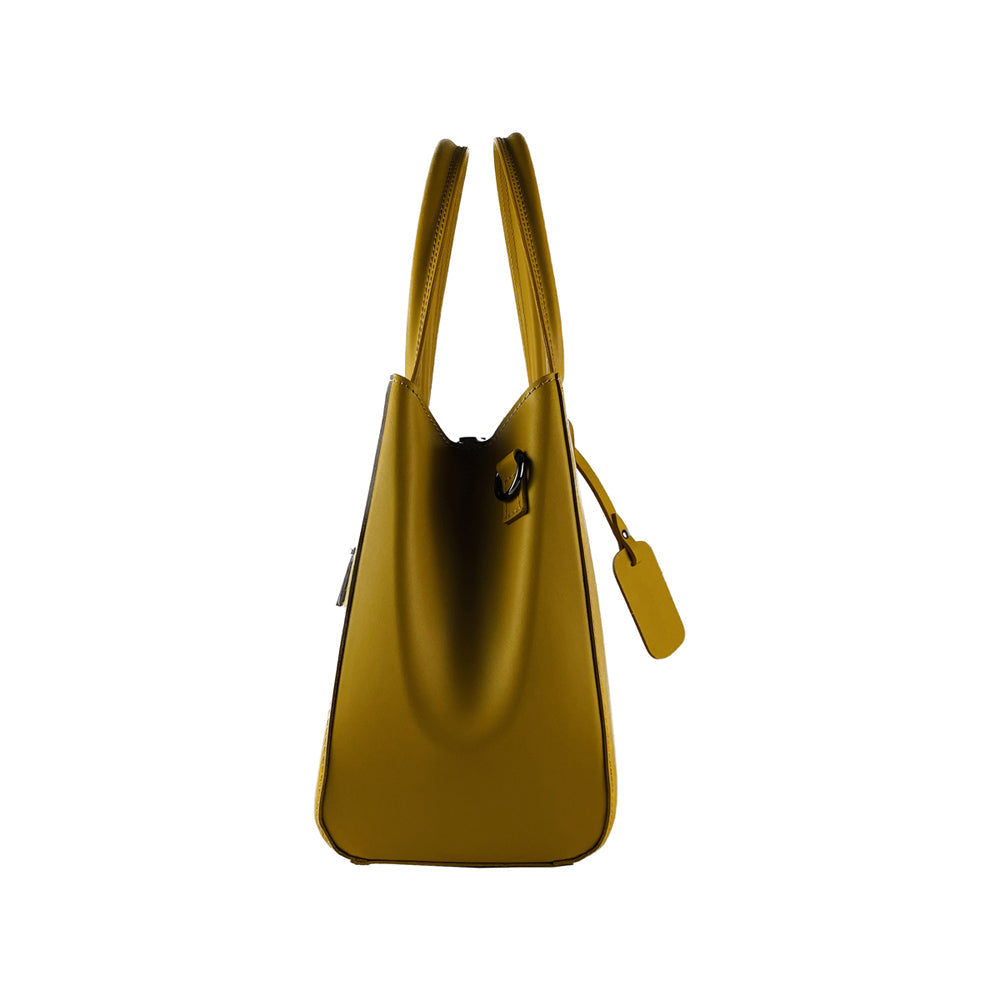 RB1004R | Genuine Leather Hand Bag Made in Italy with Removable Shoulder Strap and Gunmetal Metal Carabiner Attachments - Mustard Color - Size: 33 x 25 x 15 cm + Handles 13 cm