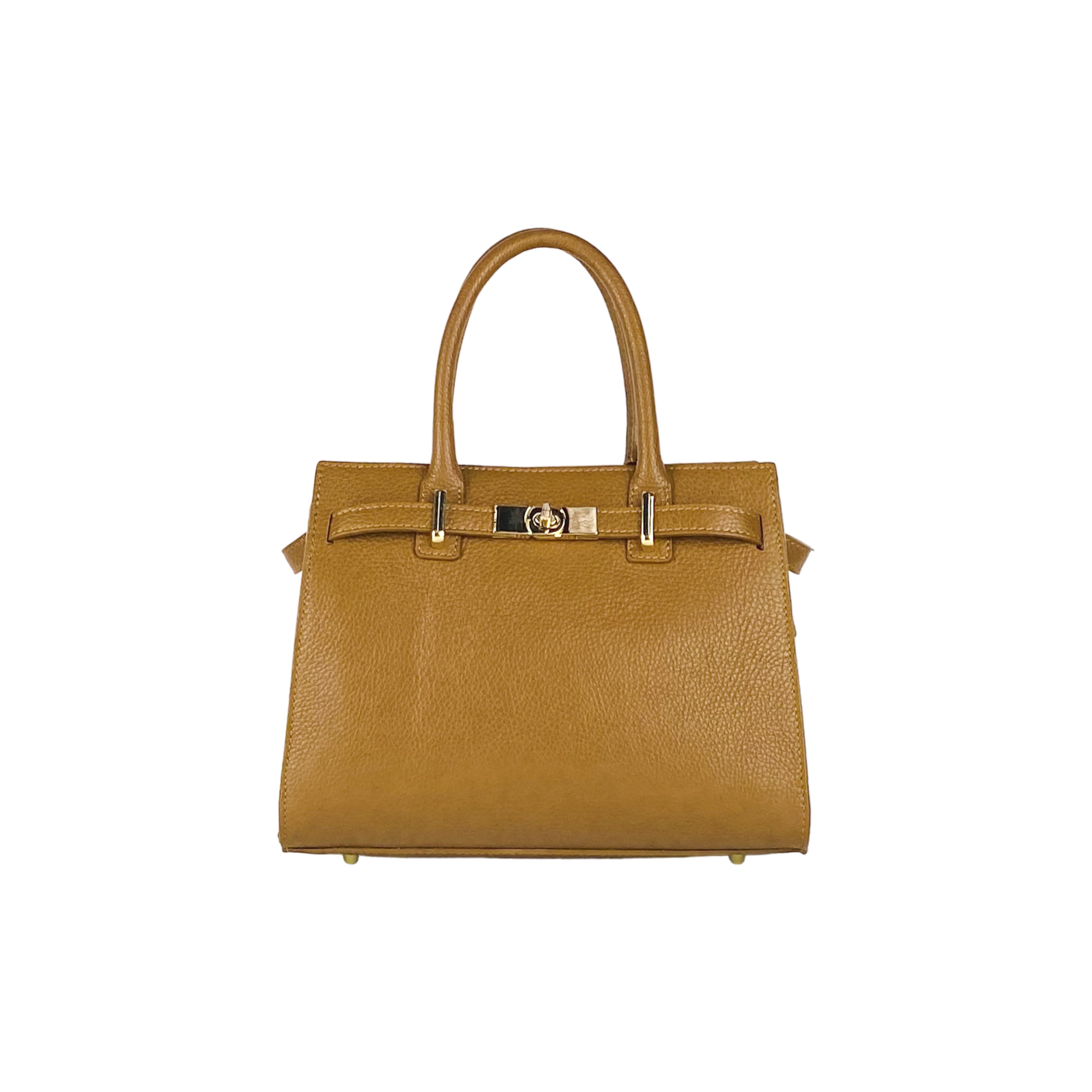 RB1016S | Women's Hand Bag in Genuine Leather Made in Italy with removable shoulder strap. Shiny Gold metal snap hook attachments - Cognac color - Dimensions: cm 28 x 20 x 14 + 12.5