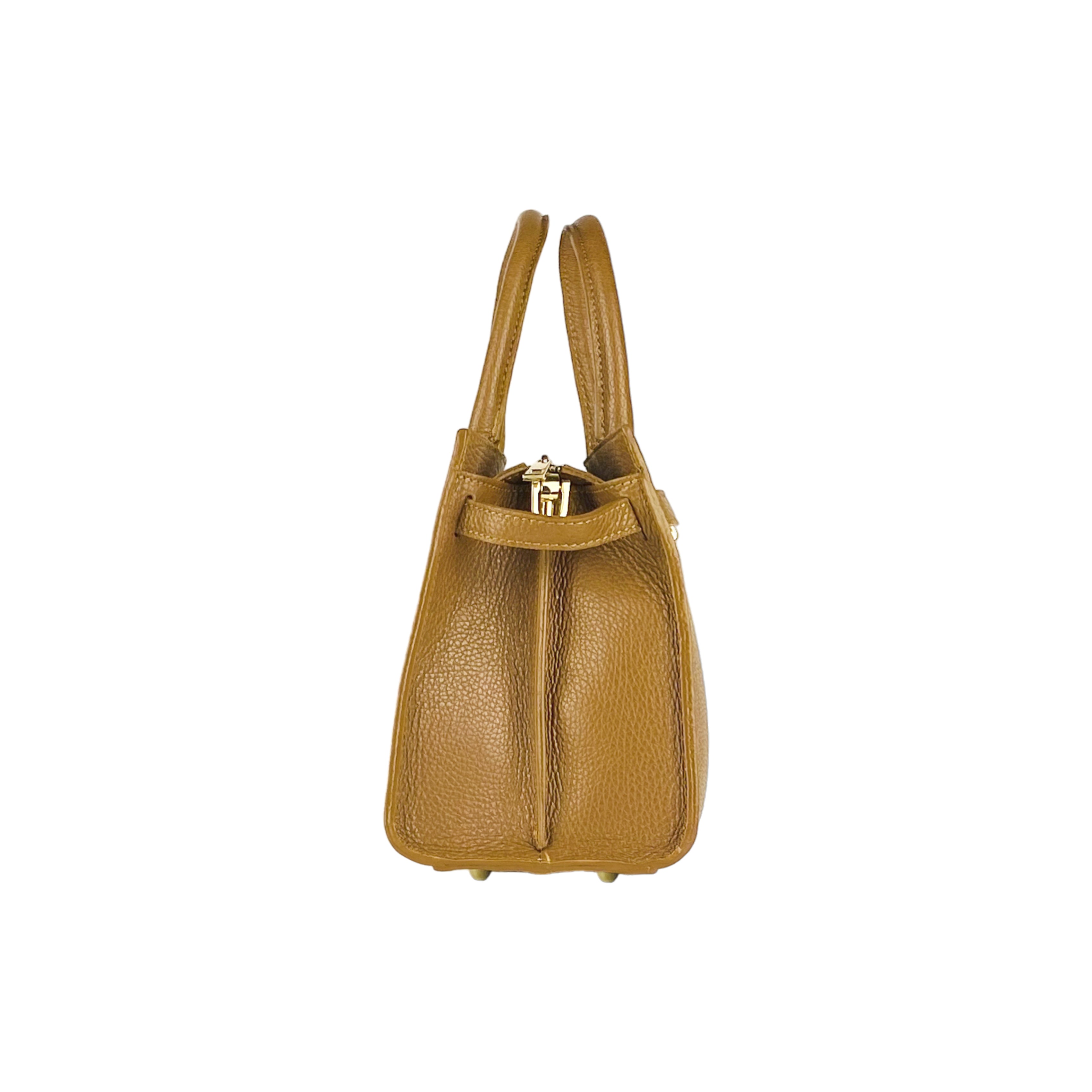 RB1016S | Women's Hand Bag in Genuine Leather Made in Italy with removable shoulder strap. Shiny Gold metal snap hook attachments - Cognac color - Dimensions: cm 28 x 20 x 14 + 12.5