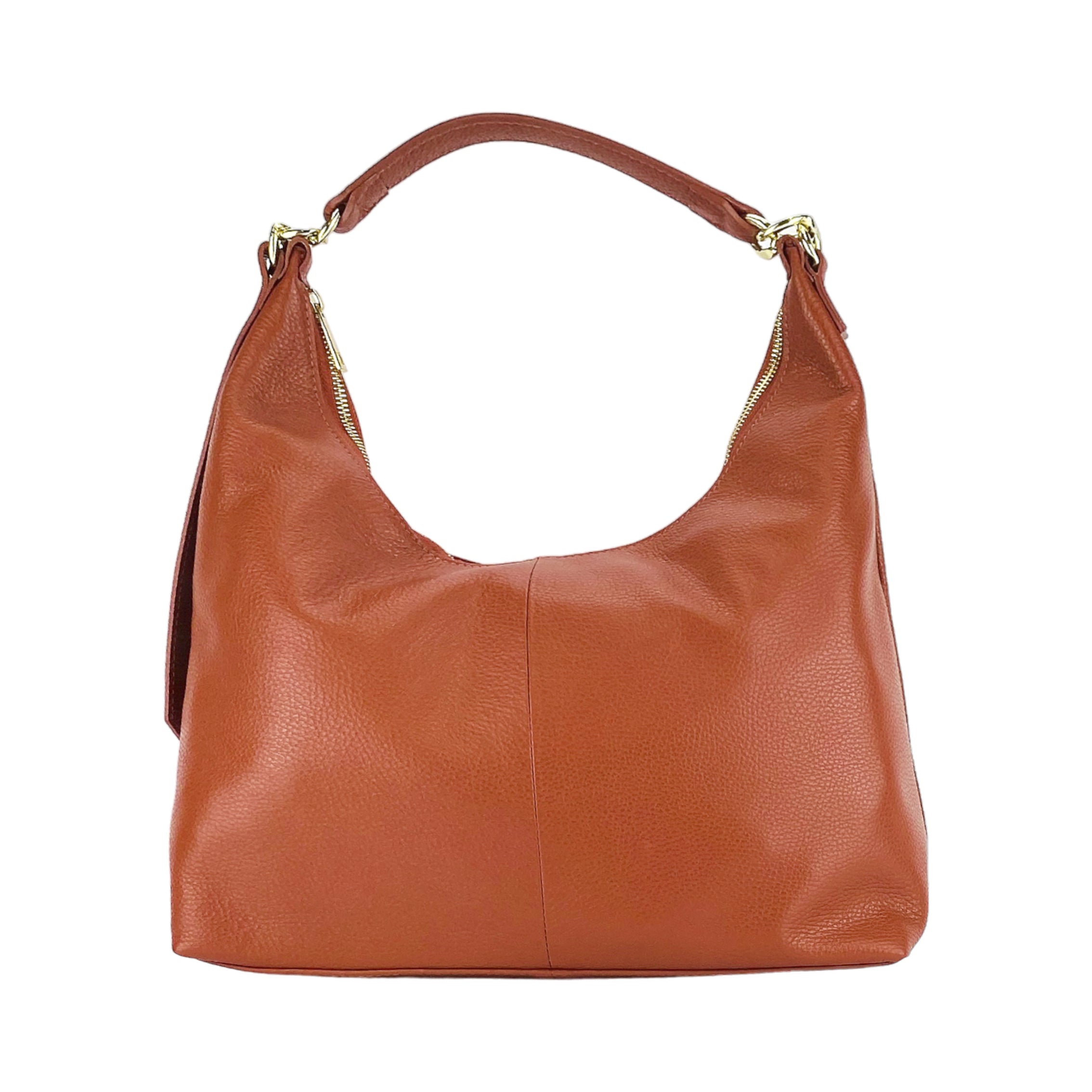 RB1017AM | Women's Soft Shoulder Bag in Genuine Leather Made in Italy with single handle and removable shoulder strap. Shiny Gold metal snap hook attachments - Paprika color - Dimensions: cm 36 x 40 x 13