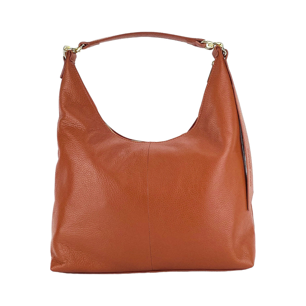 RB1017AM | Women's Soft Shoulder Bag in Genuine Leather Made in Italy with single handle and removable shoulder strap. Shiny Gold metal snap hook attachments - Paprika color - Dimensions: cm 36 x 40 x 13