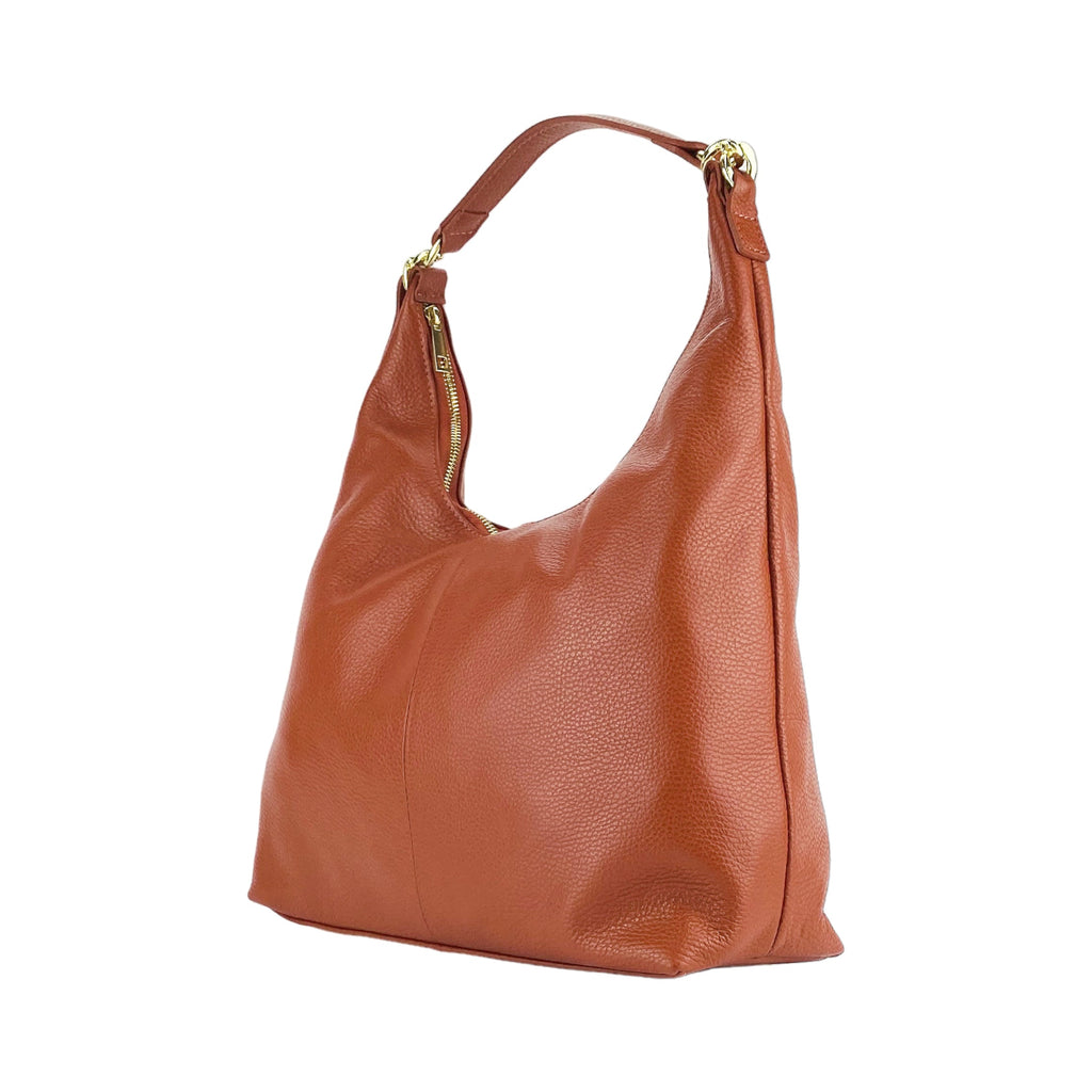 RB1017AM | Women's Soft Shoulder Bag in Genuine Leather Made in Italy with single handle and removable shoulder strap. Shiny Gold metal snap hook attachments - Paprika color - Dimensions: cm 36 x 40 x 13