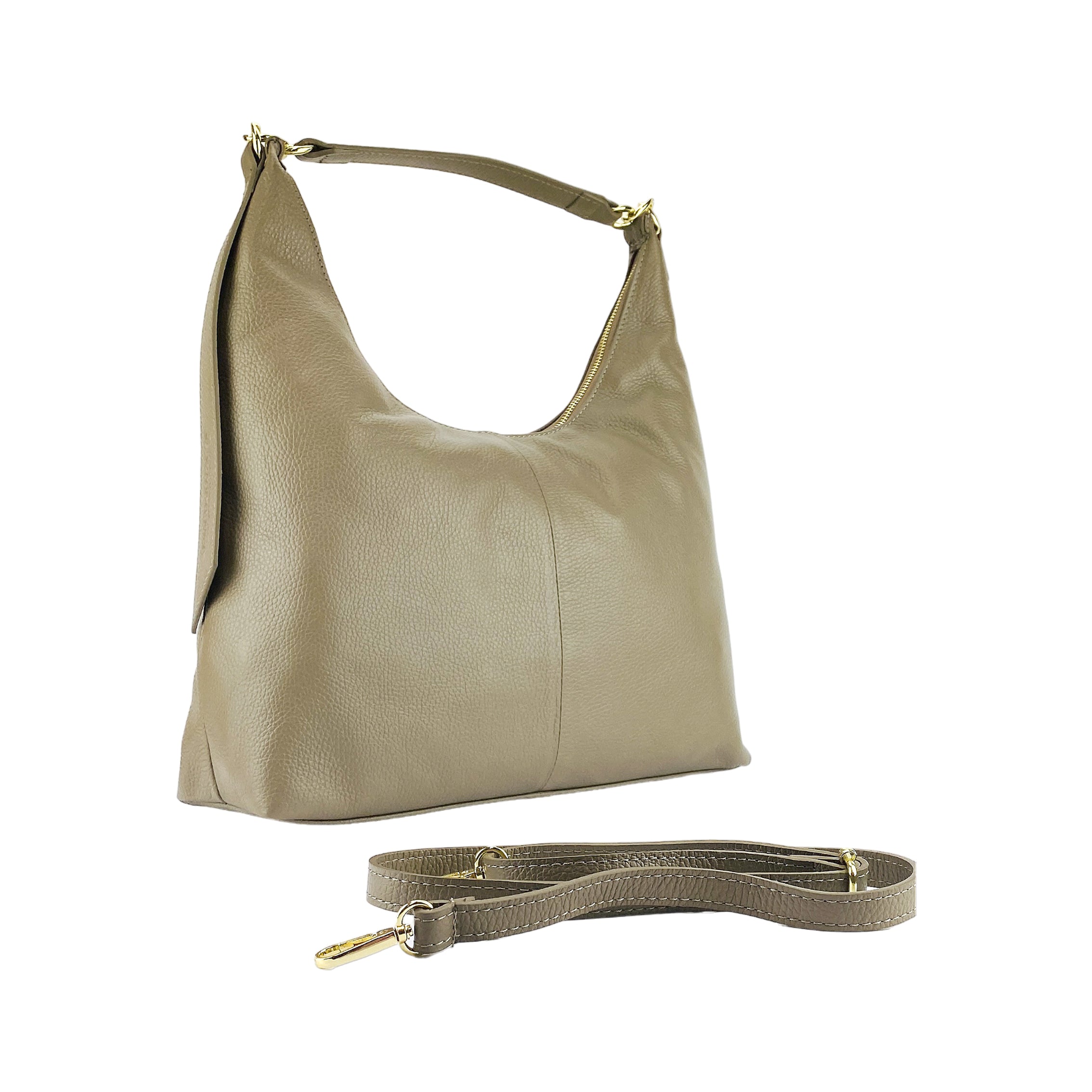 RB1017AQ | Women's Soft Shoulder Bag in Genuine Leather Made in Italy with single handle and removable shoulder strap. Shiny Gold metal snap hook attachments - Taupe color - Dimensions: cm 36 x 40 x 13