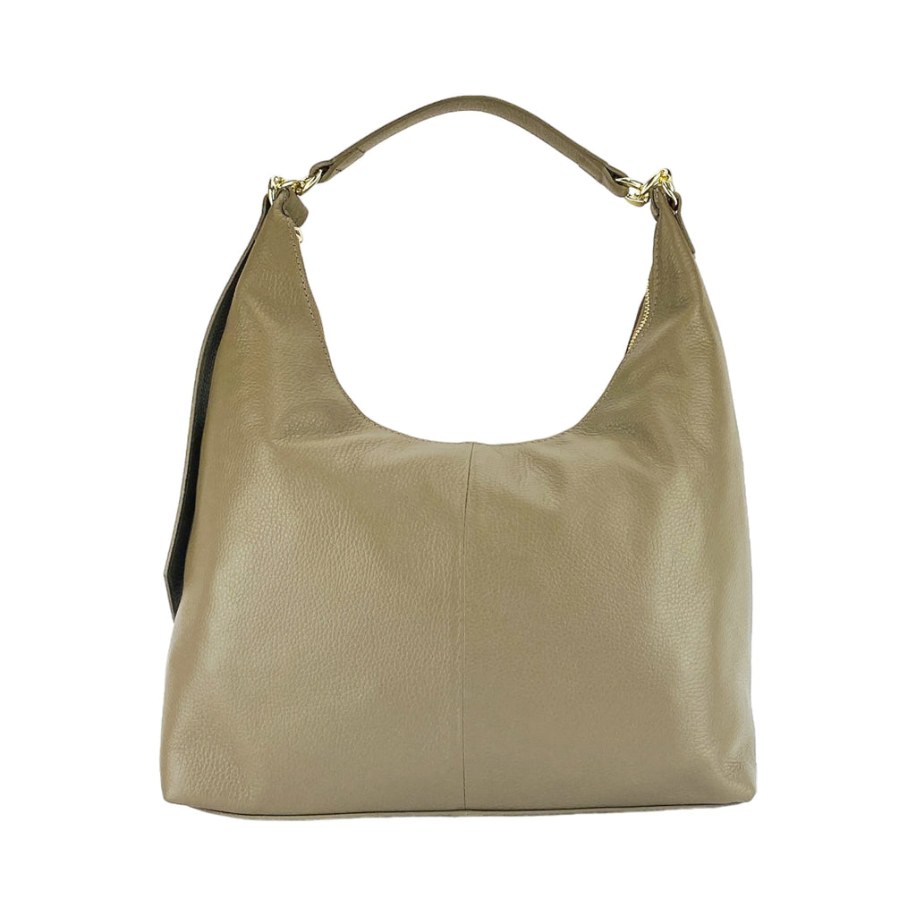 RB1017AQ | Women's Soft Shoulder Bag in Genuine Leather Made in Italy with single handle and removable shoulder strap. Shiny Gold metal snap hook attachments - Taupe color - Dimensions: cm 36 x 40 x 13