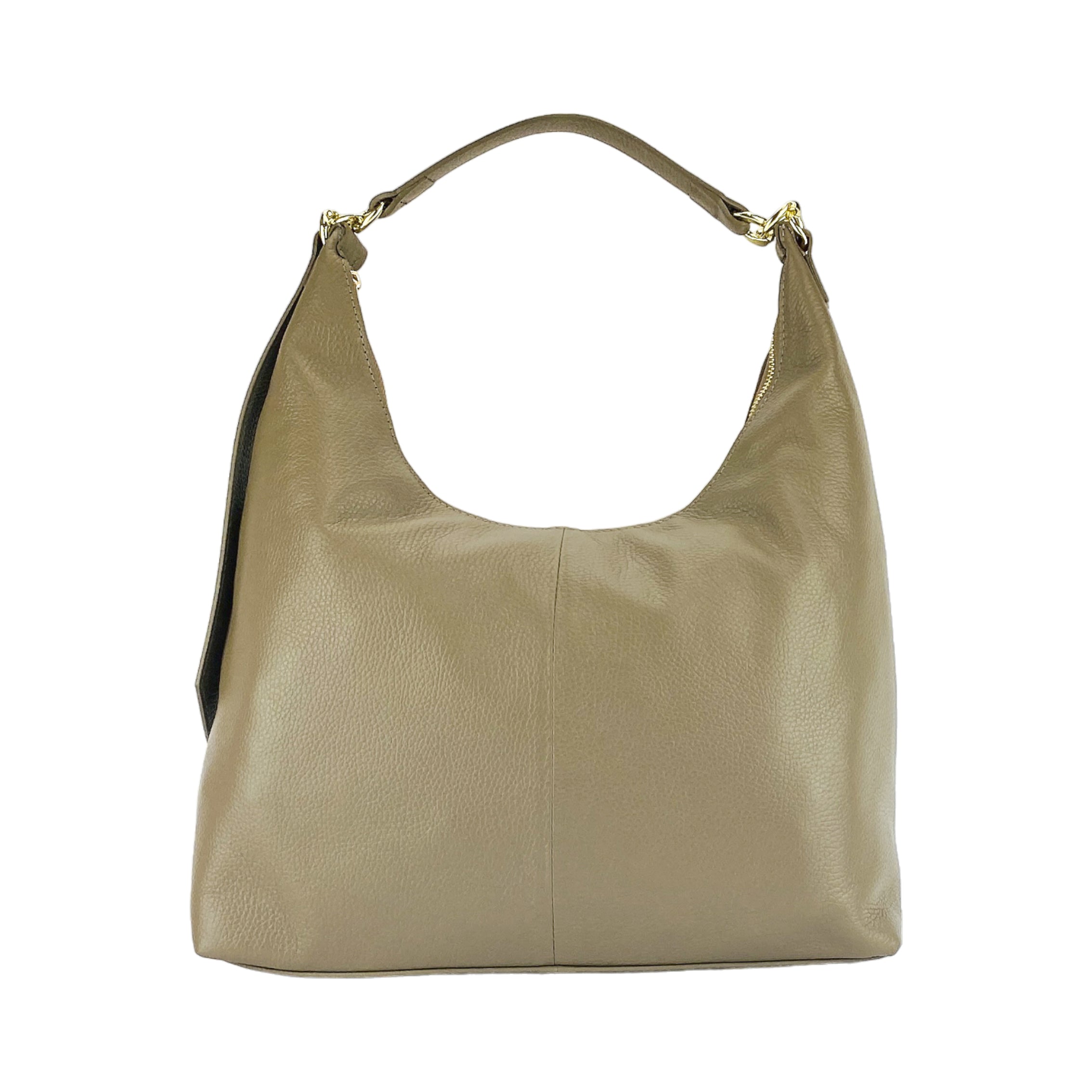RB1017AQ | Women's Soft Shoulder Bag in Genuine Leather Made in Italy with single handle and removable shoulder strap. Shiny Gold metal snap hook attachments - Taupe color - Dimensions: cm 36 x 40 x 13