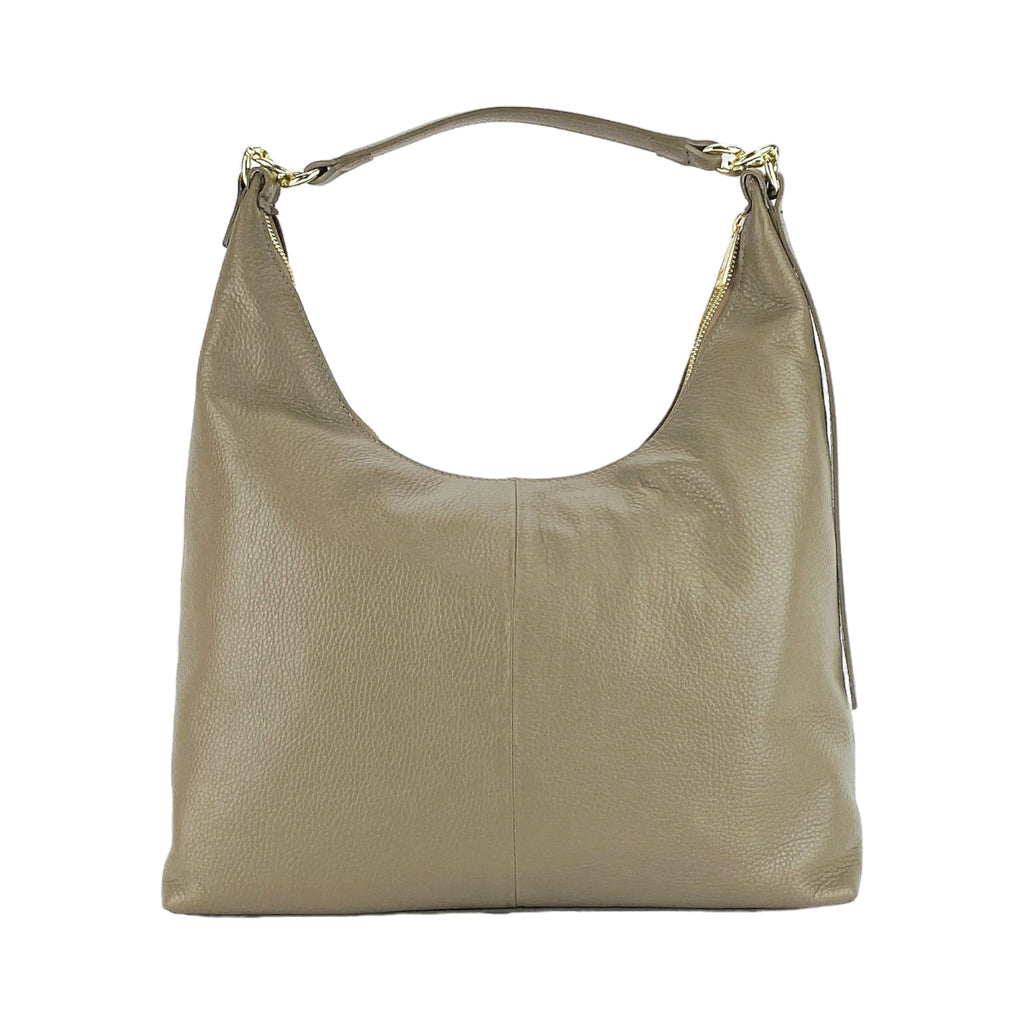 RB1017AQ | Women's Soft Shoulder Bag in Genuine Leather Made in Italy with single handle and removable shoulder strap. Shiny Gold metal snap hook attachments - Taupe color - Dimensions: cm 36 x 40 x 13