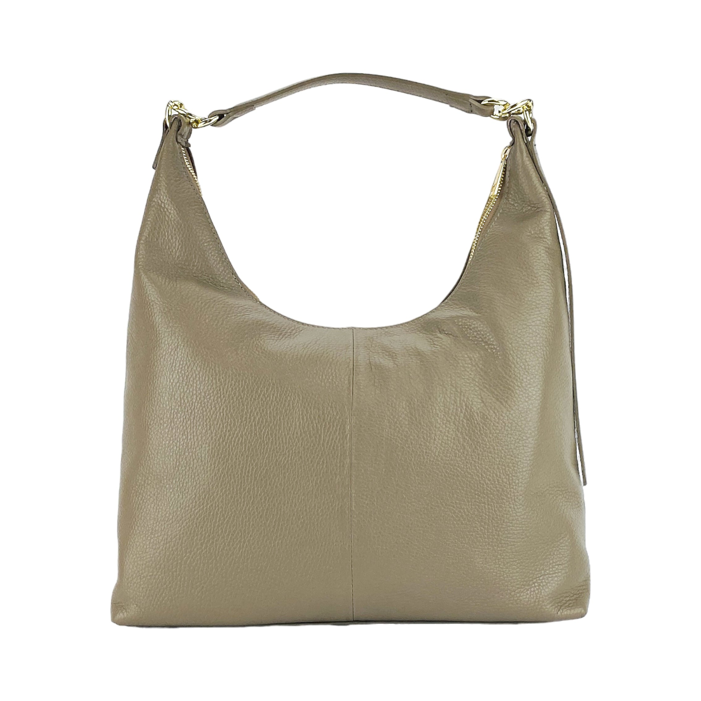 RB1017AQ | Women's Soft Shoulder Bag in Genuine Leather Made in Italy with single handle and removable shoulder strap. Shiny Gold metal snap hook attachments - Taupe color - Dimensions: cm 36 x 40 x 13
