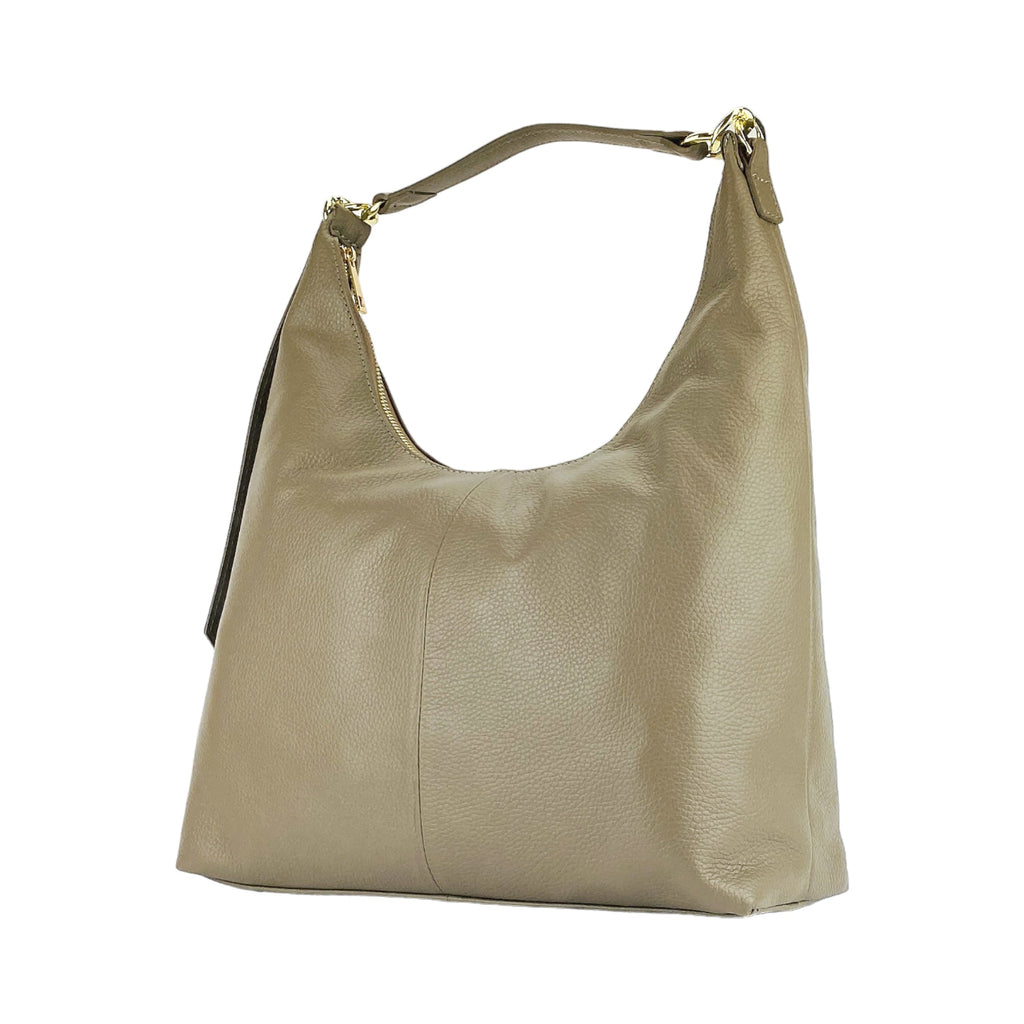 RB1017AQ | Women's Soft Shoulder Bag in Genuine Leather Made in Italy with single handle and removable shoulder strap. Shiny Gold metal snap hook attachments - Taupe color - Dimensions: cm 36 x 40 x 13