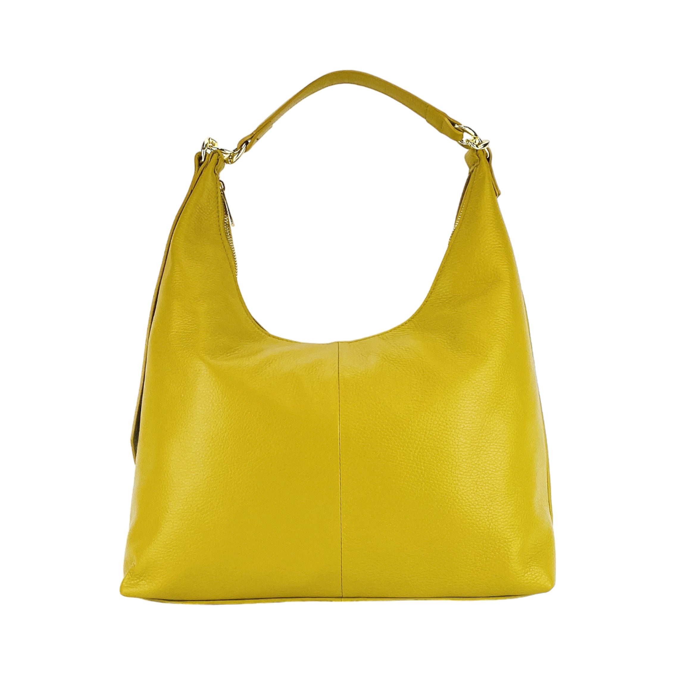 RB1017AR | Women's Soft Shoulder Bag in Genuine Leather Made in Italy with single handle and removable shoulder strap. Shiny Gold metal snap hook attachments - Mustard color - Dimensions: cm 36 x 40 x 13