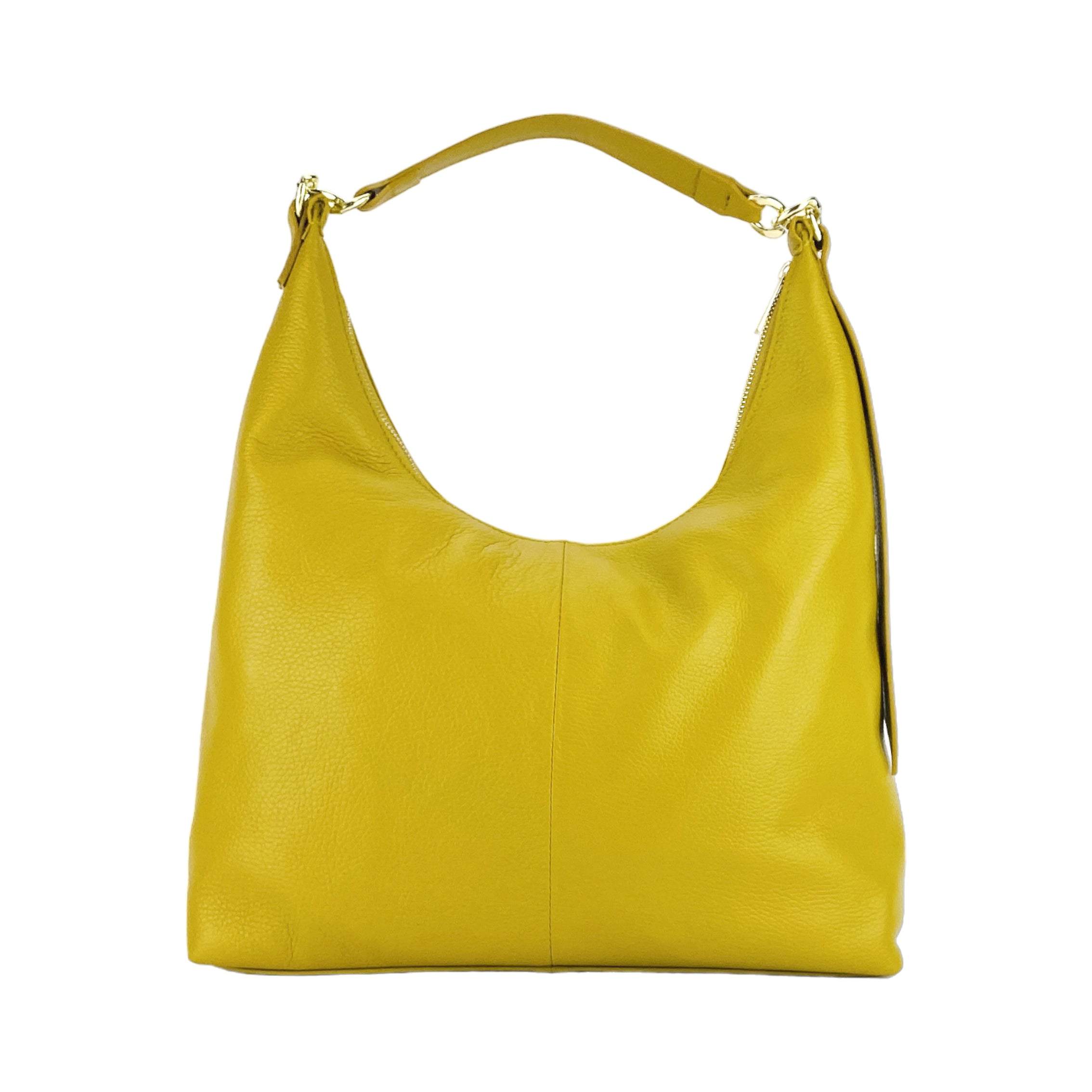 RB1017AR | Women's Soft Shoulder Bag in Genuine Leather Made in Italy with single handle and removable shoulder strap. Shiny Gold metal snap hook attachments - Mustard color - Dimensions: cm 36 x 40 x 13