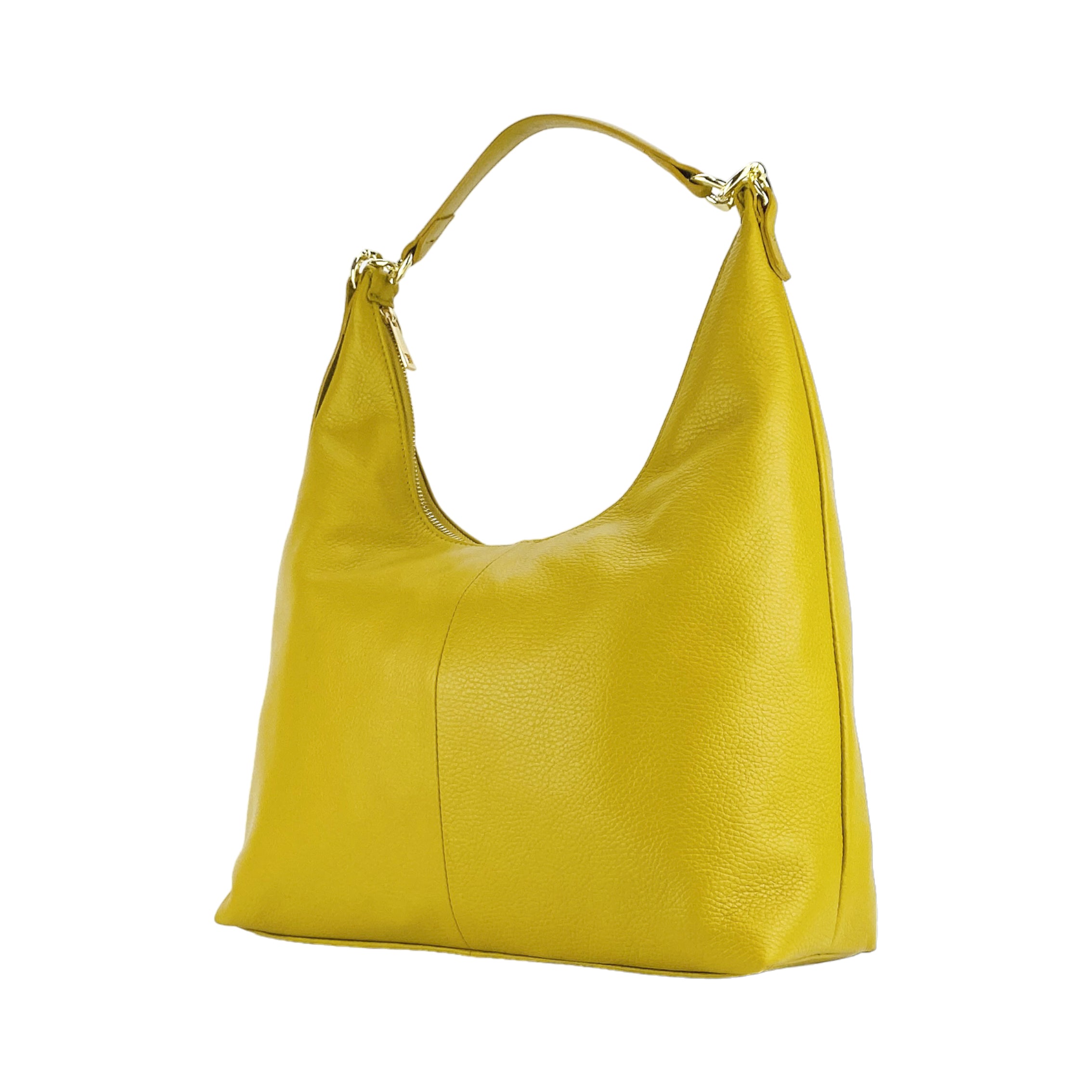 RB1017AR | Women's Soft Shoulder Bag in Genuine Leather Made in Italy with single handle and removable shoulder strap. Shiny Gold metal snap hook attachments - Mustard color - Dimensions: cm 36 x 40 x 13