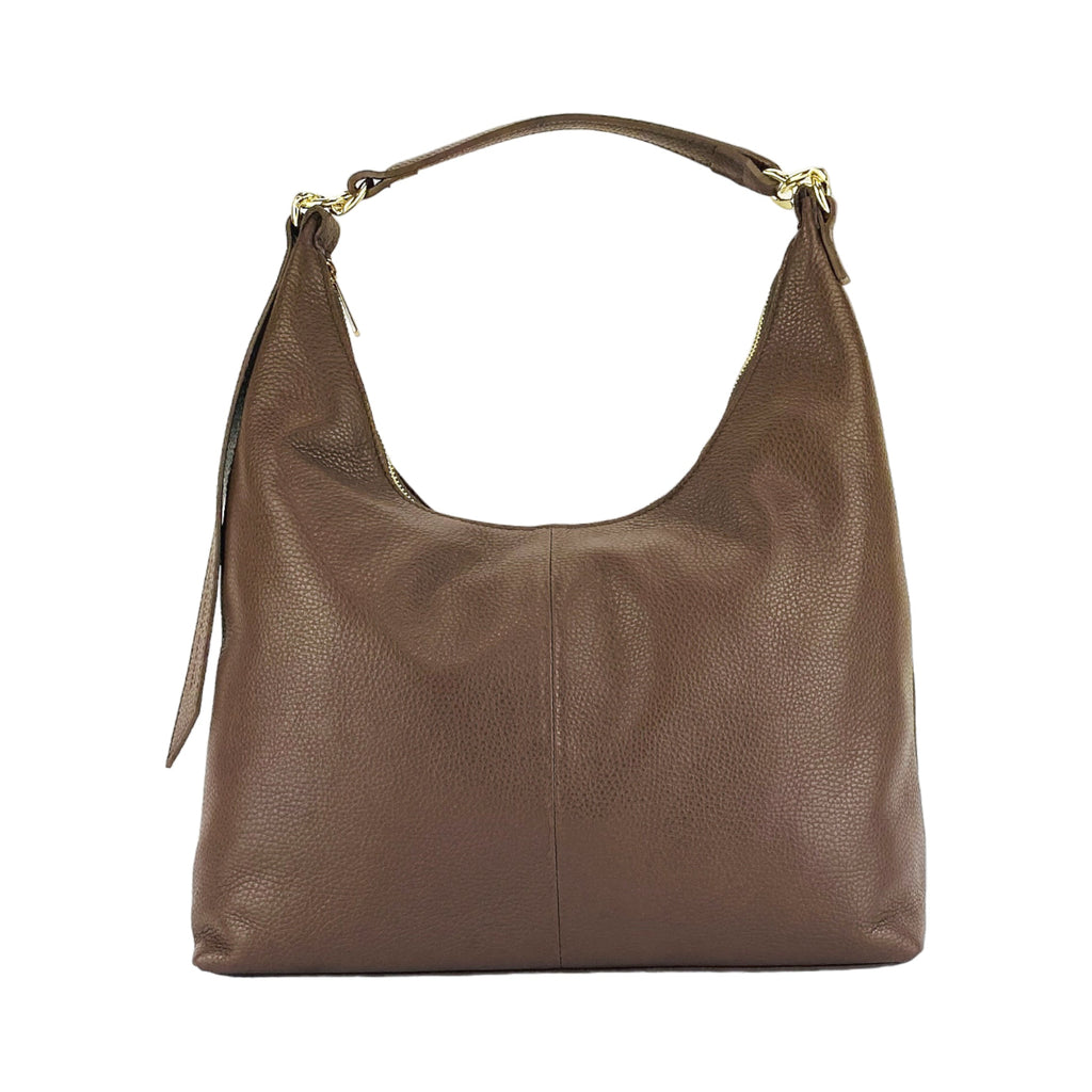 RB1017BV | Women's Soft Shoulder Bag in Genuine Leather Made in Italy with single handle and removable shoulder strap. Shiny Gold metal snap hook attachments - Chocolate color - Dimensions: cm 36 x 40 x 13
