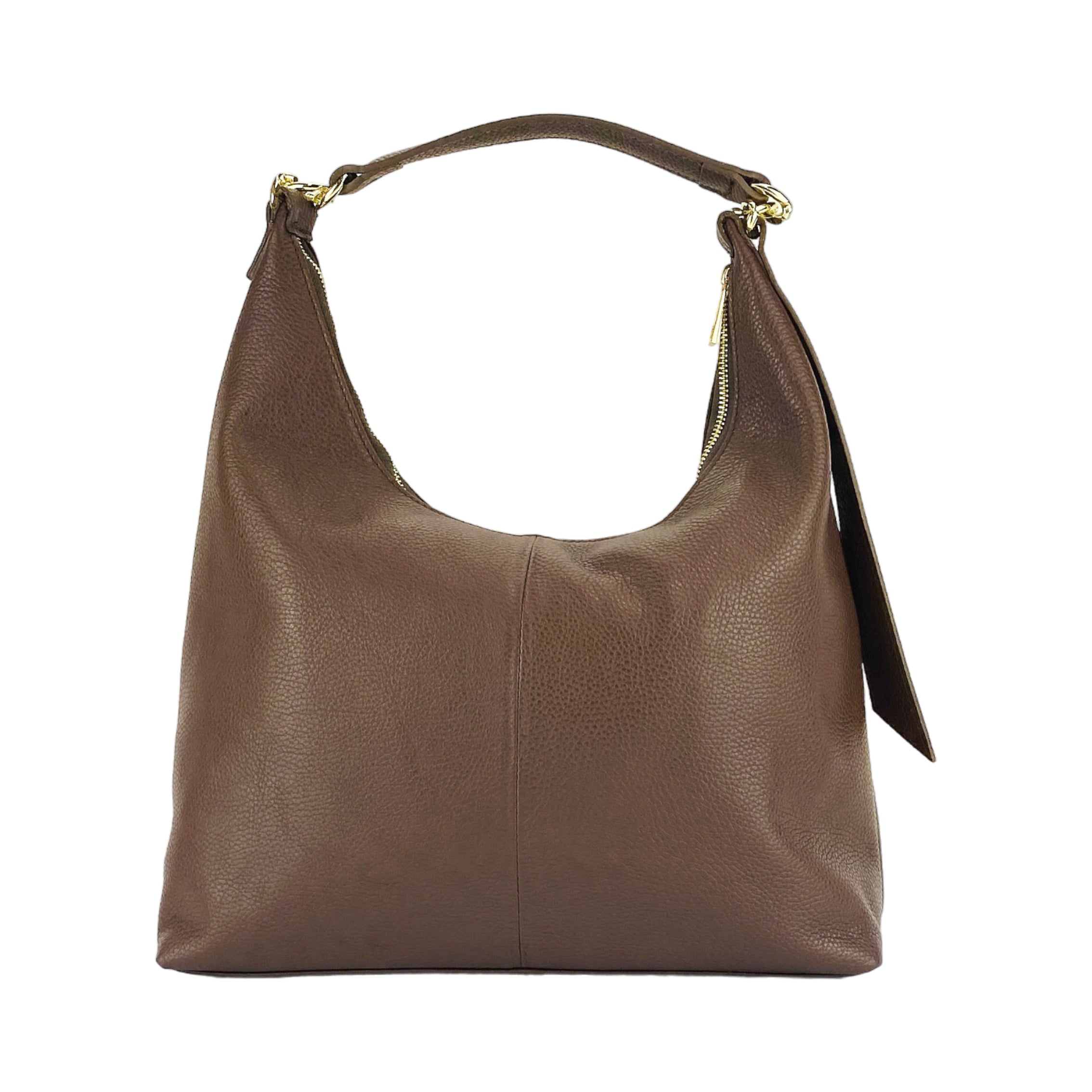 RB1017BV | Women's Soft Shoulder Bag in Genuine Leather Made in Italy with single handle and removable shoulder strap. Shiny Gold metal snap hook attachments - Chocolate color - Dimensions: cm 36 x 40 x 13