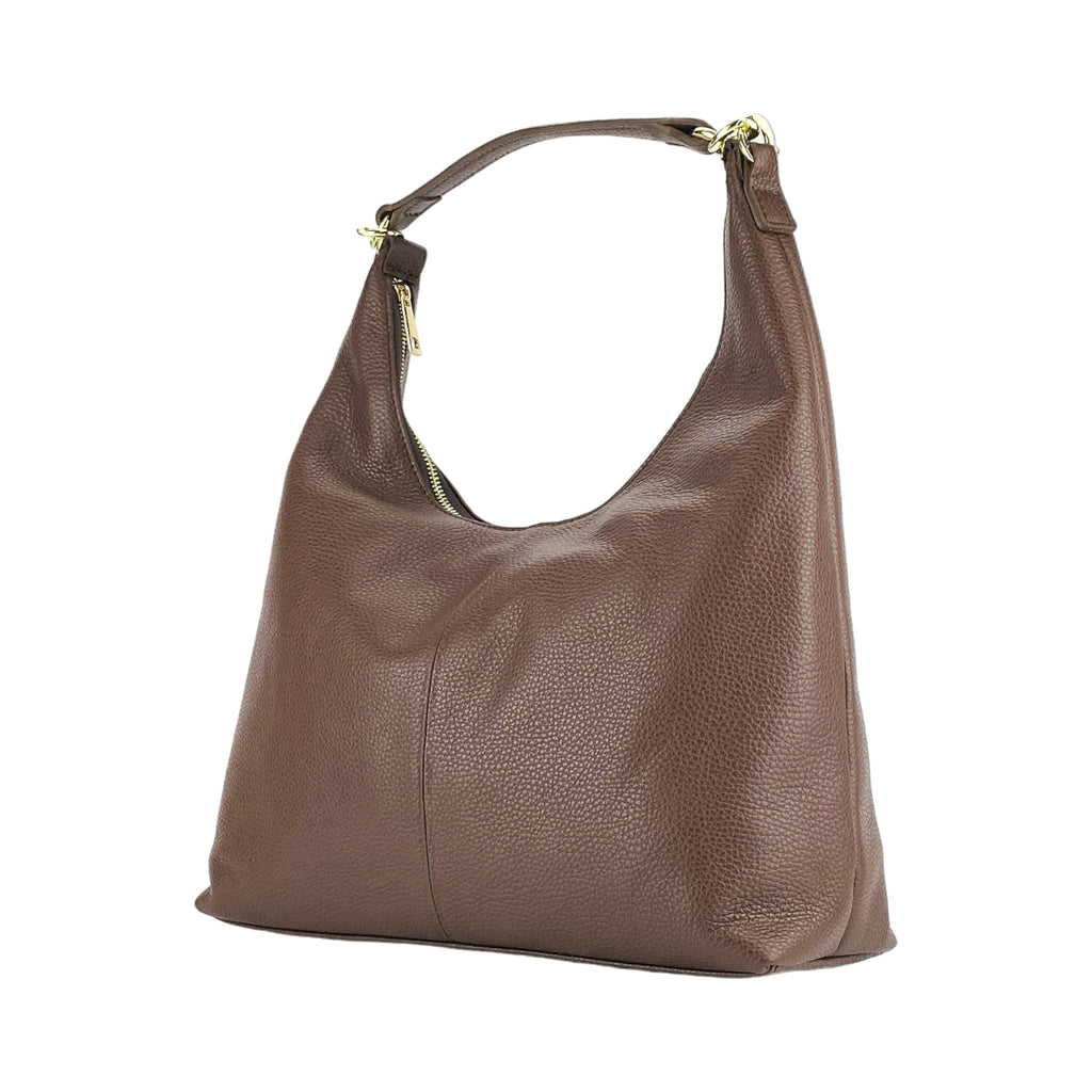 RB1017BV | Women's Soft Shoulder Bag in Genuine Leather Made in Italy with single handle and removable shoulder strap. Shiny Gold metal snap hook attachments - Chocolate color - Dimensions: cm 36 x 40 x 13