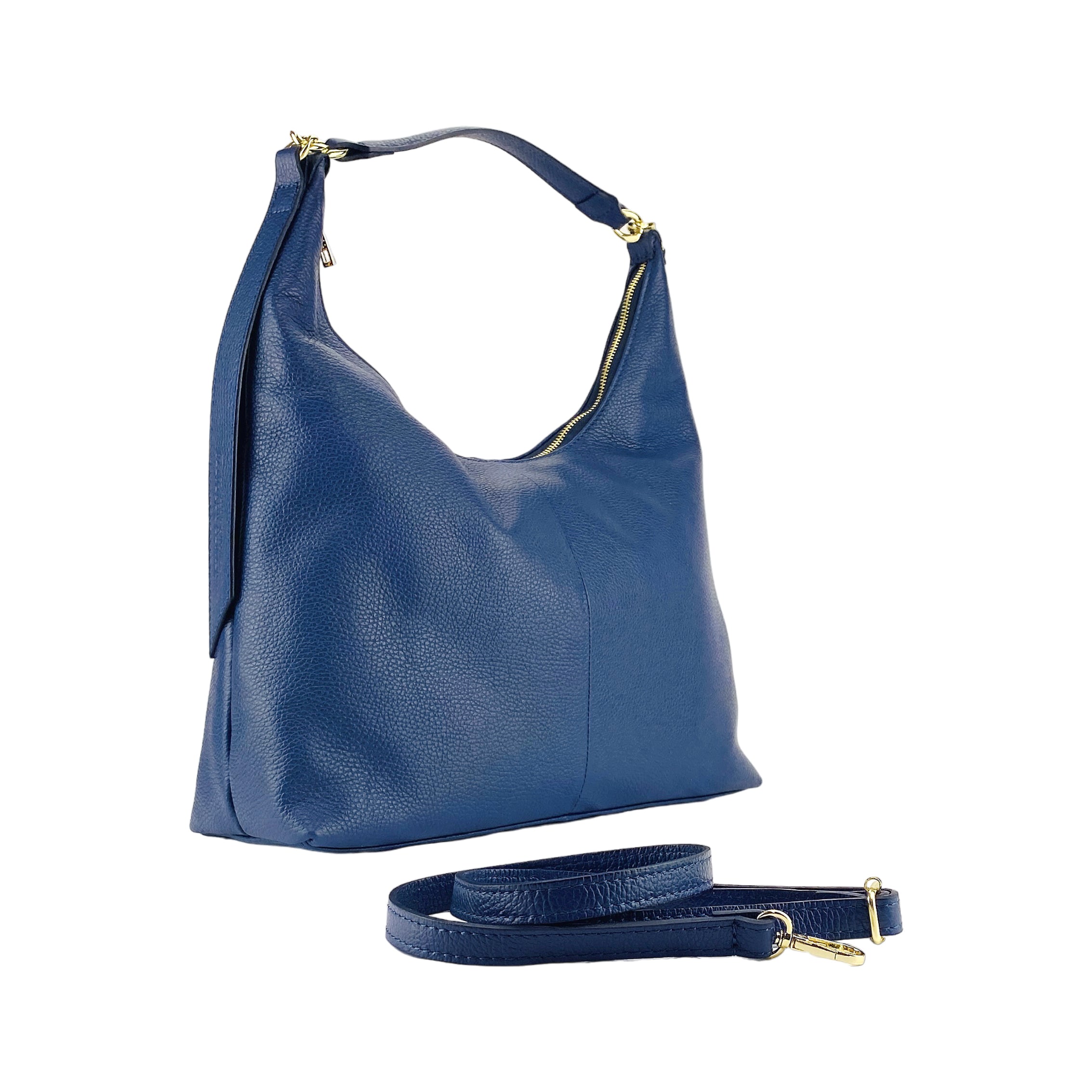 RB1017D | Women's Soft Shoulder Bag in Genuine Leather Made in Italy with single handle and removable shoulder strap. Shiny Gold metal snap hook attachments - Blue color - Dimensions: cm 36 x 40 x 13