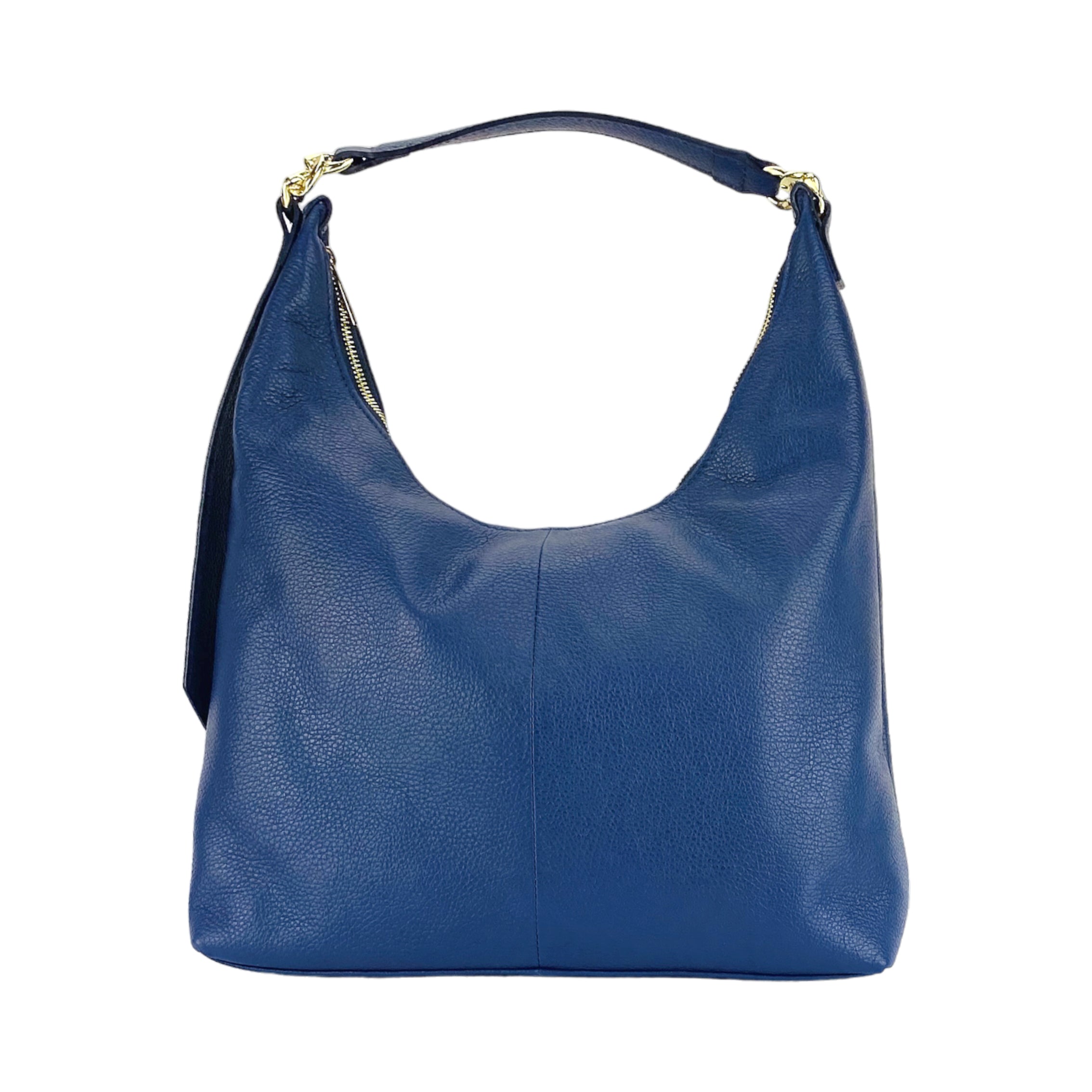 RB1017D | Women's Soft Shoulder Bag in Genuine Leather Made in Italy with single handle and removable shoulder strap. Shiny Gold metal snap hook attachments - Blue color - Dimensions: cm 36 x 40 x 13
