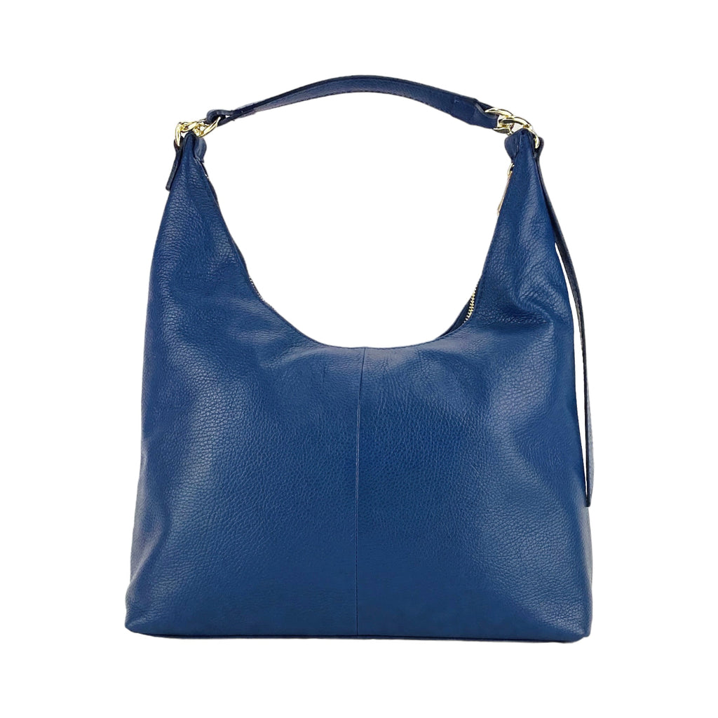 RB1017D | Women's Soft Shoulder Bag in Genuine Leather Made in Italy with single handle and removable shoulder strap. Shiny Gold metal snap hook attachments - Blue color - Dimensions: cm 36 x 40 x 13