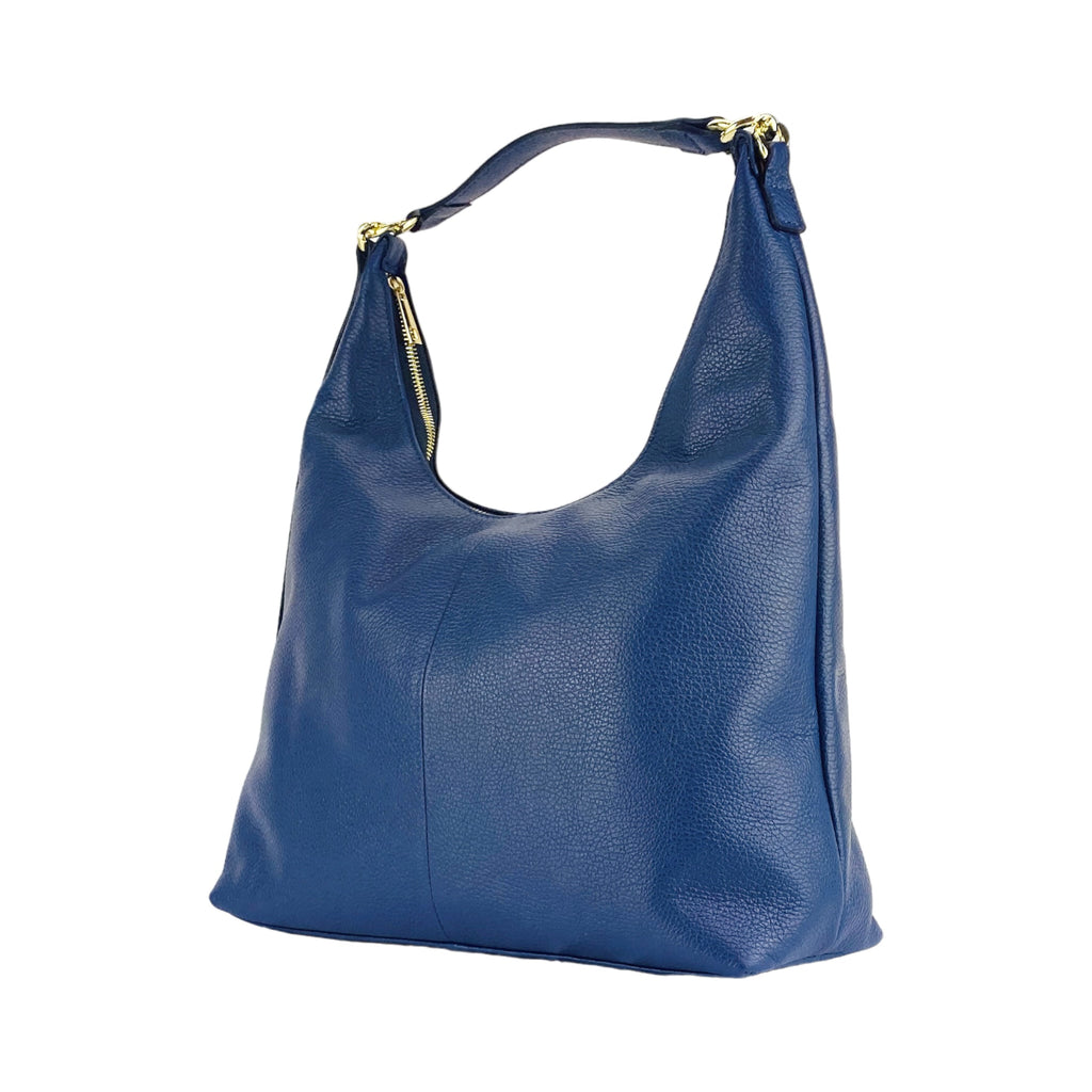 RB1017D | Women's Soft Shoulder Bag in Genuine Leather Made in Italy with single handle and removable shoulder strap. Shiny Gold metal snap hook attachments - Blue color - Dimensions: cm 36 x 40 x 13