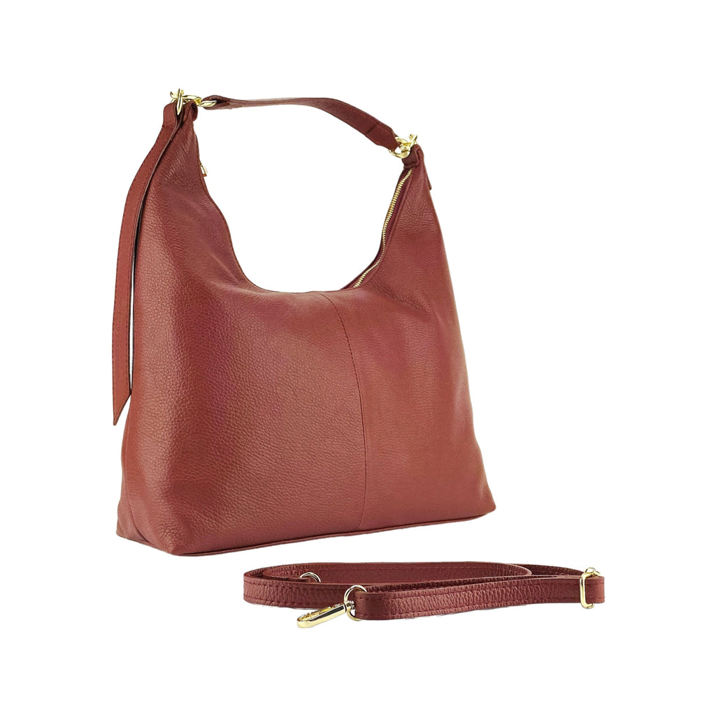 RB1017Q | Women's Soft Shoulder Bag in Genuine Leather Made in Italy with removable shoulder strap. Shiny Gold metal snap hook attachments - Ruby color - Dimensions: cm 36 x 40 x 13