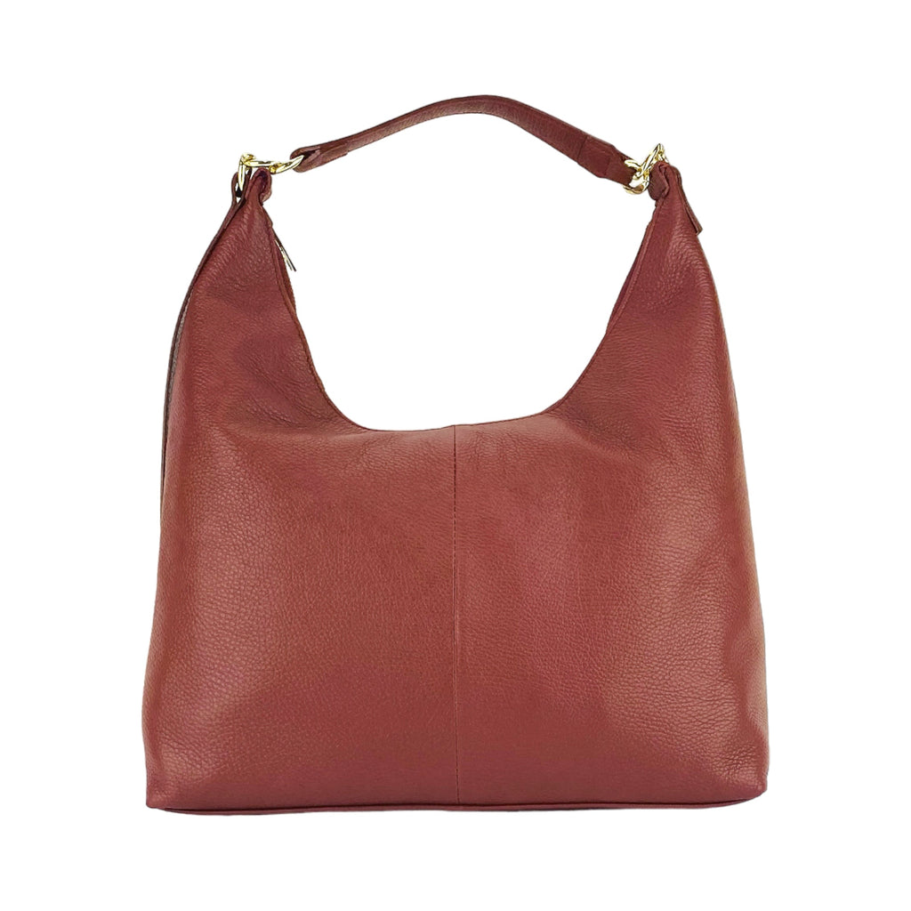 RB1017Q | Women's Soft Shoulder Bag in Genuine Leather Made in Italy with removable shoulder strap. Shiny Gold metal snap hook attachments - Ruby color - Dimensions: cm 36 x 40 x 13