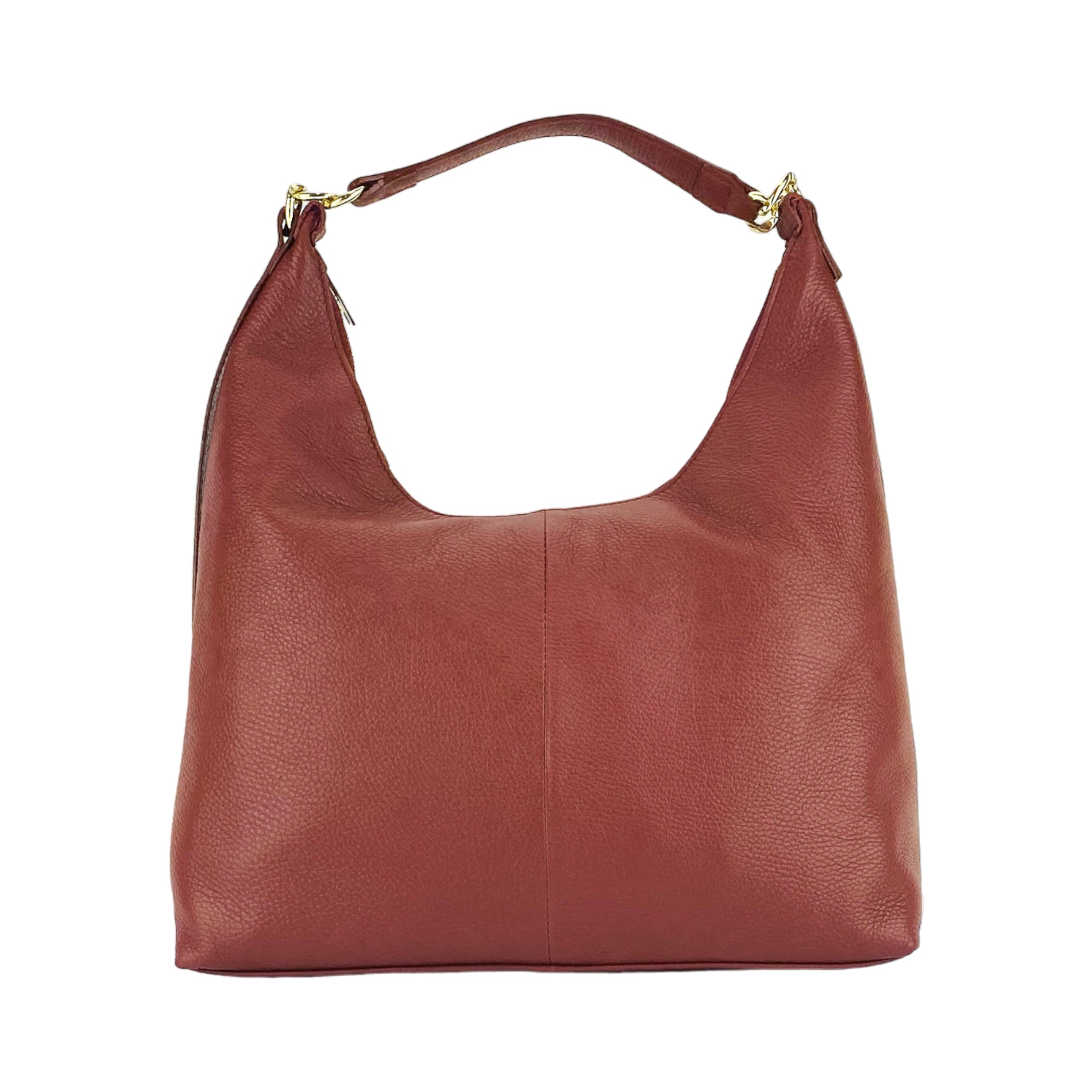 RB1017Q | Women's Soft Shoulder Bag in Genuine Leather Made in Italy with removable shoulder strap. Shiny Gold metal snap hook attachments - Ruby color - Dimensions: cm 36 x 40 x 13