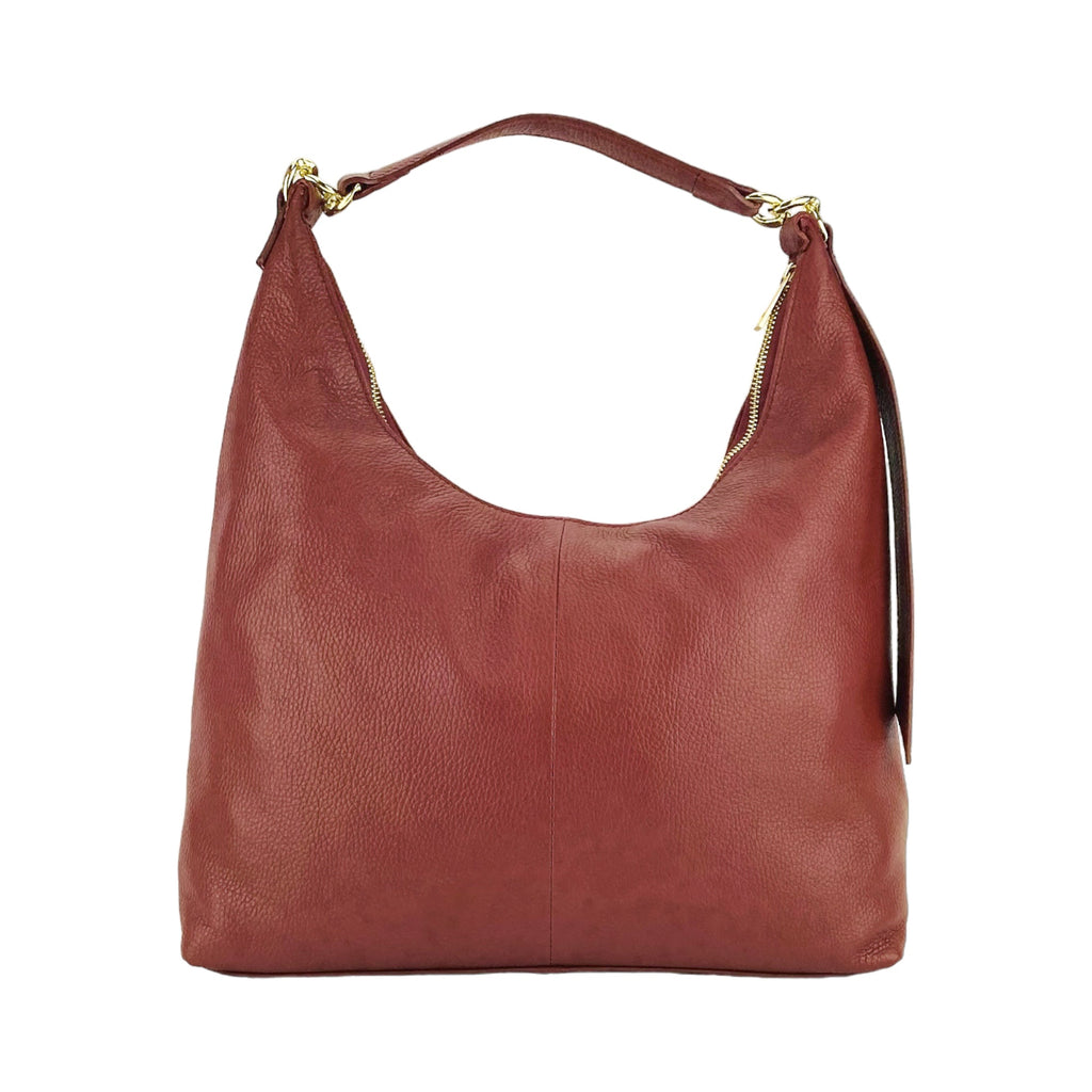 RB1017Q | Women's Soft Shoulder Bag in Genuine Leather Made in Italy with removable shoulder strap. Shiny Gold metal snap hook attachments - Ruby color - Dimensions: cm 36 x 40 x 13