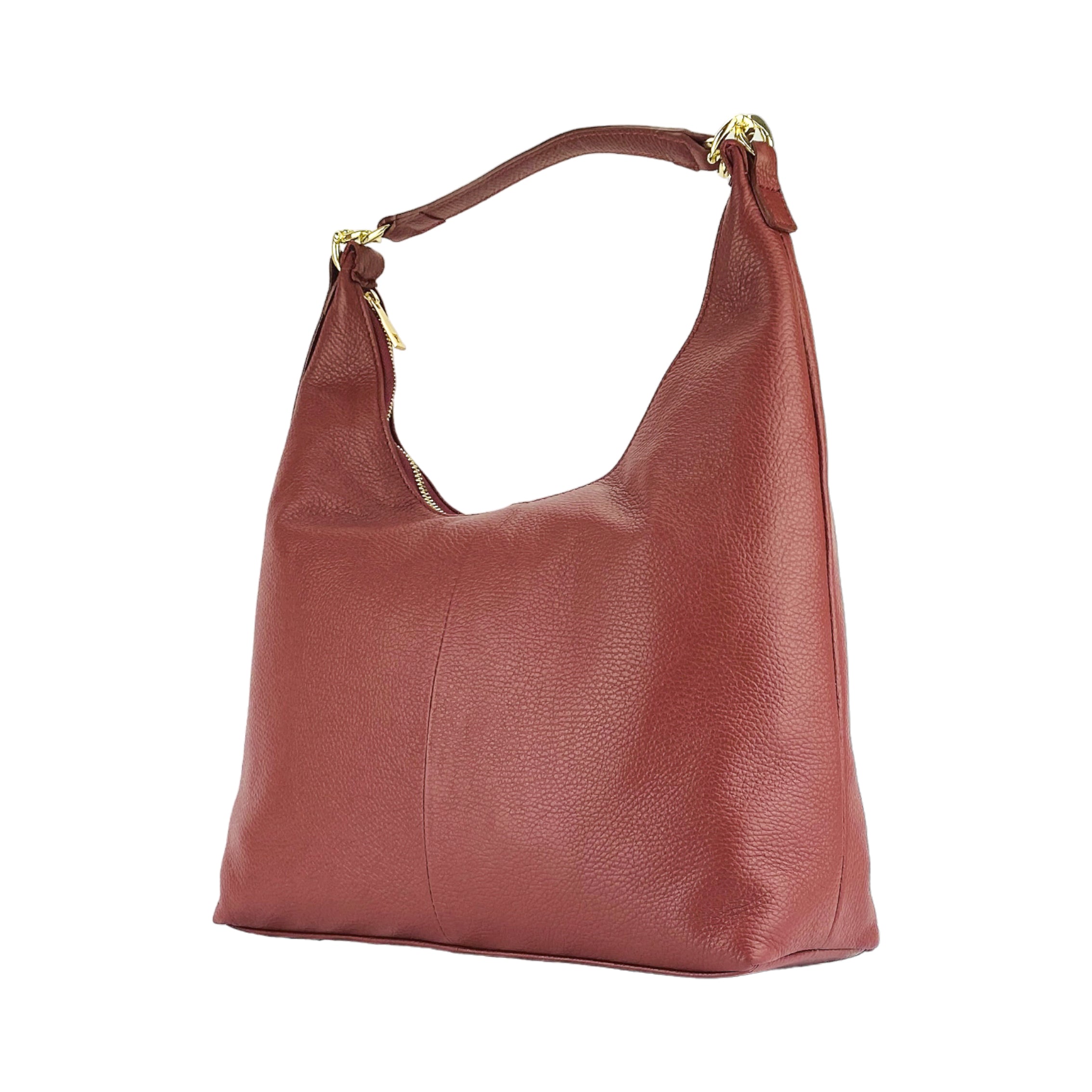 RB1017Q | Women's Soft Shoulder Bag in Genuine Leather Made in Italy with removable shoulder strap. Shiny Gold metal snap hook attachments - Ruby color - Dimensions: cm 36 x 40 x 13