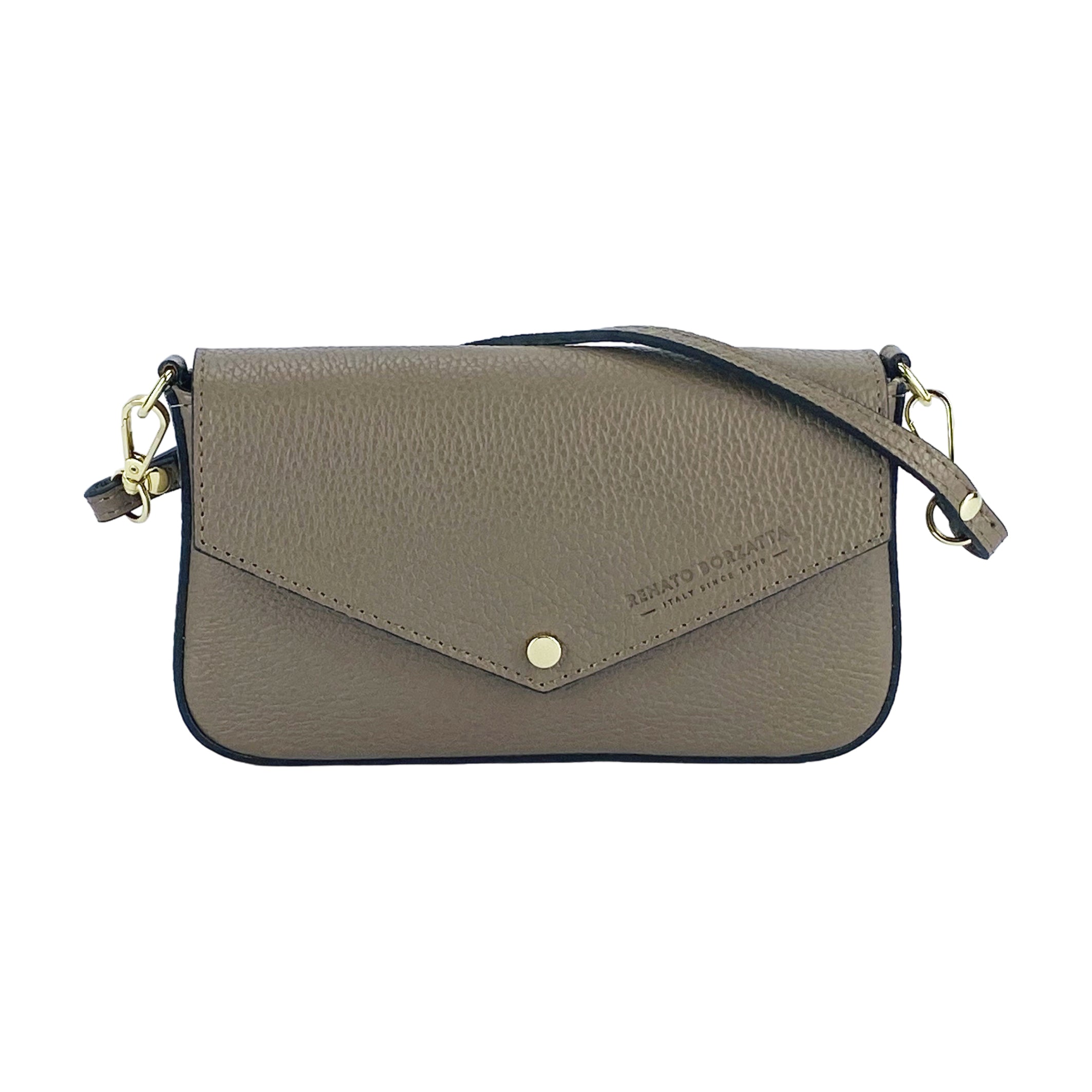 RB1023AQ | Small Shoulder Bag with Removable Chain Strap in Genuine Leather Made in Italy. Flap Closure. Shiny Gold metal hardware - Taupe color - Dimensions: 22 x 12 x 3 cm.