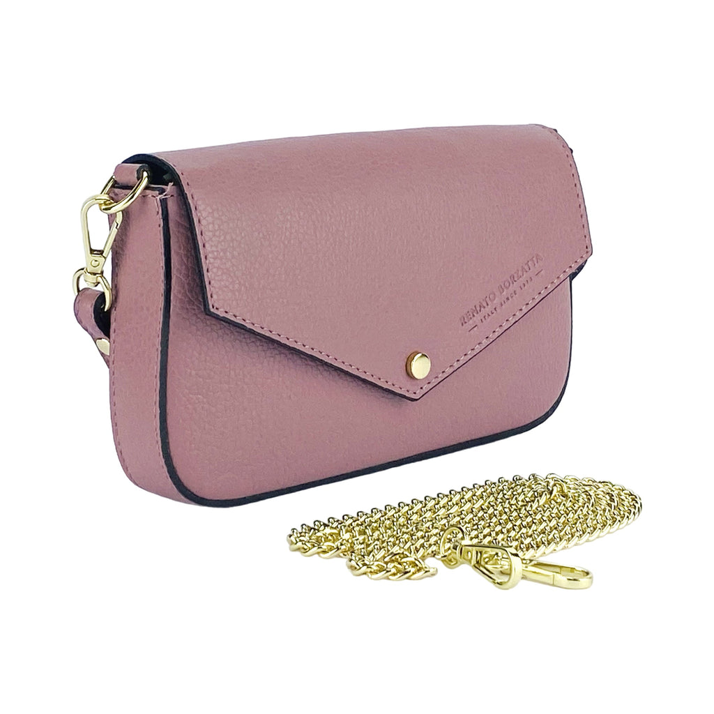 RB1023AZ | Small Shoulder Bag with Removable Chain Strap in Genuine Leather Made in Italy. Flap Closure. Shiny Gold metal hardware - Antique Pink color - Dimensions: 22 x 12 x 3 cm.