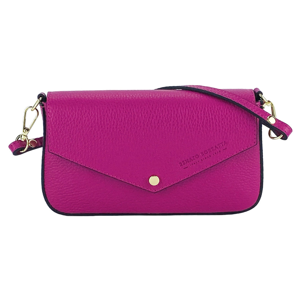 RB1023BE | Small Shoulder Bag with Removable Chain Strap in Genuine Leather Made in Italy. Flap Closure. Shiny Gold metal hardware - Fuxia color - Dimensions: 22 x 12 x 3 cm.