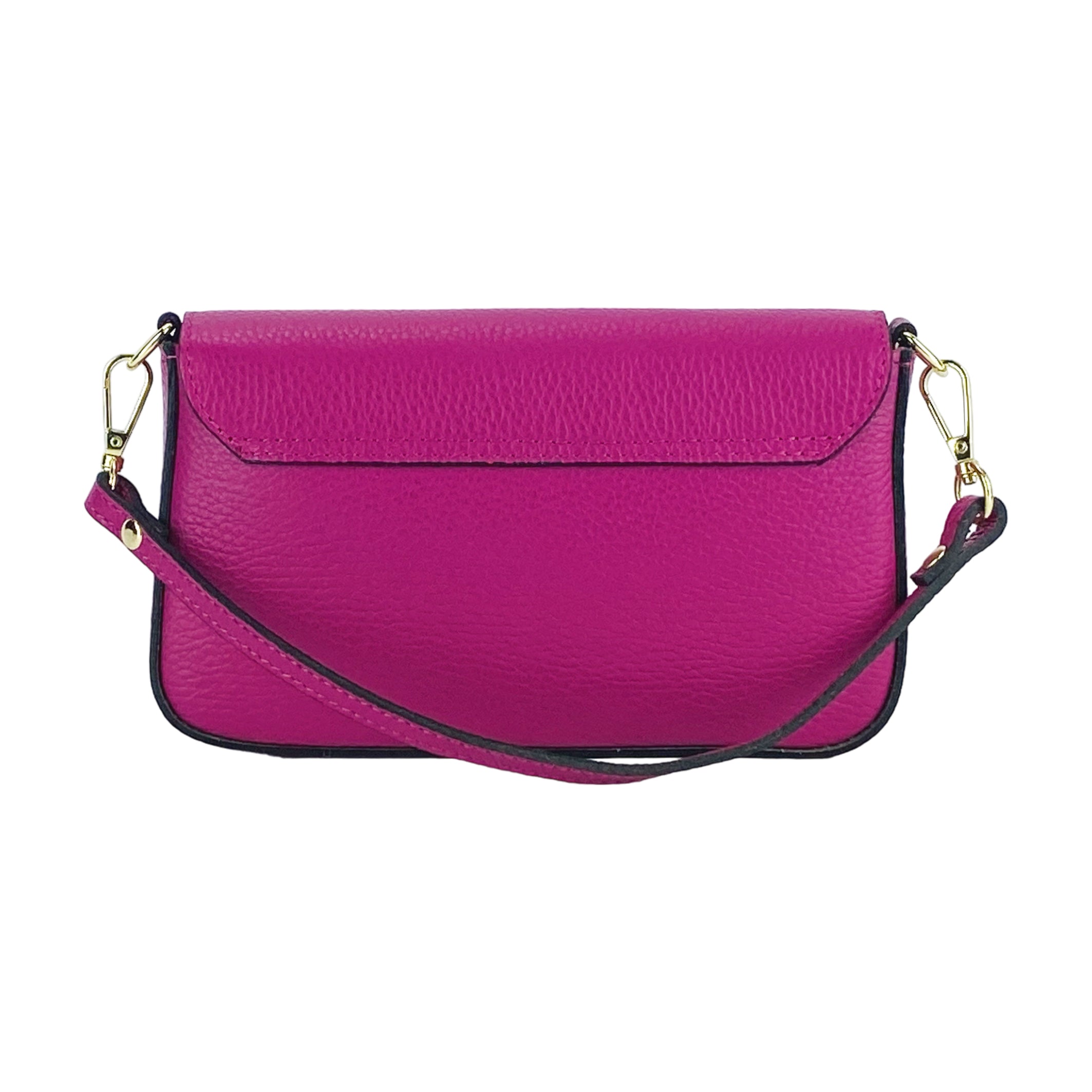 RB1023BE | Small Shoulder Bag with Removable Chain Strap in Genuine Leather Made in Italy. Flap Closure. Shiny Gold metal hardware - Fuxia color - Dimensions: 22 x 12 x 3 cm.