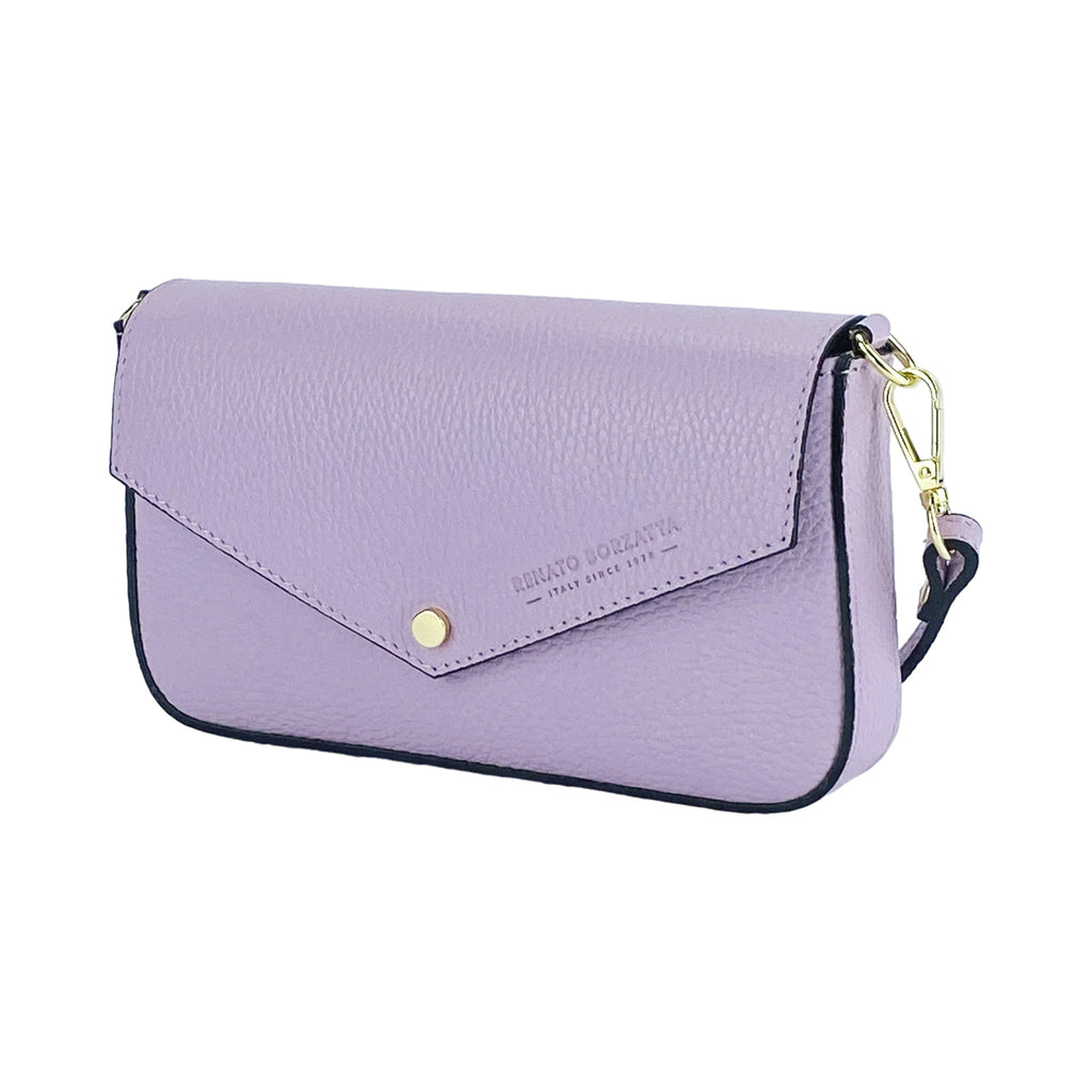RB1023CI | Small Shoulder Bag with Removable Chain Strap in Genuine Leather Made in Italy. Closure flap - Lilac color - Dimensions: 22 x 12 x 3 cm.