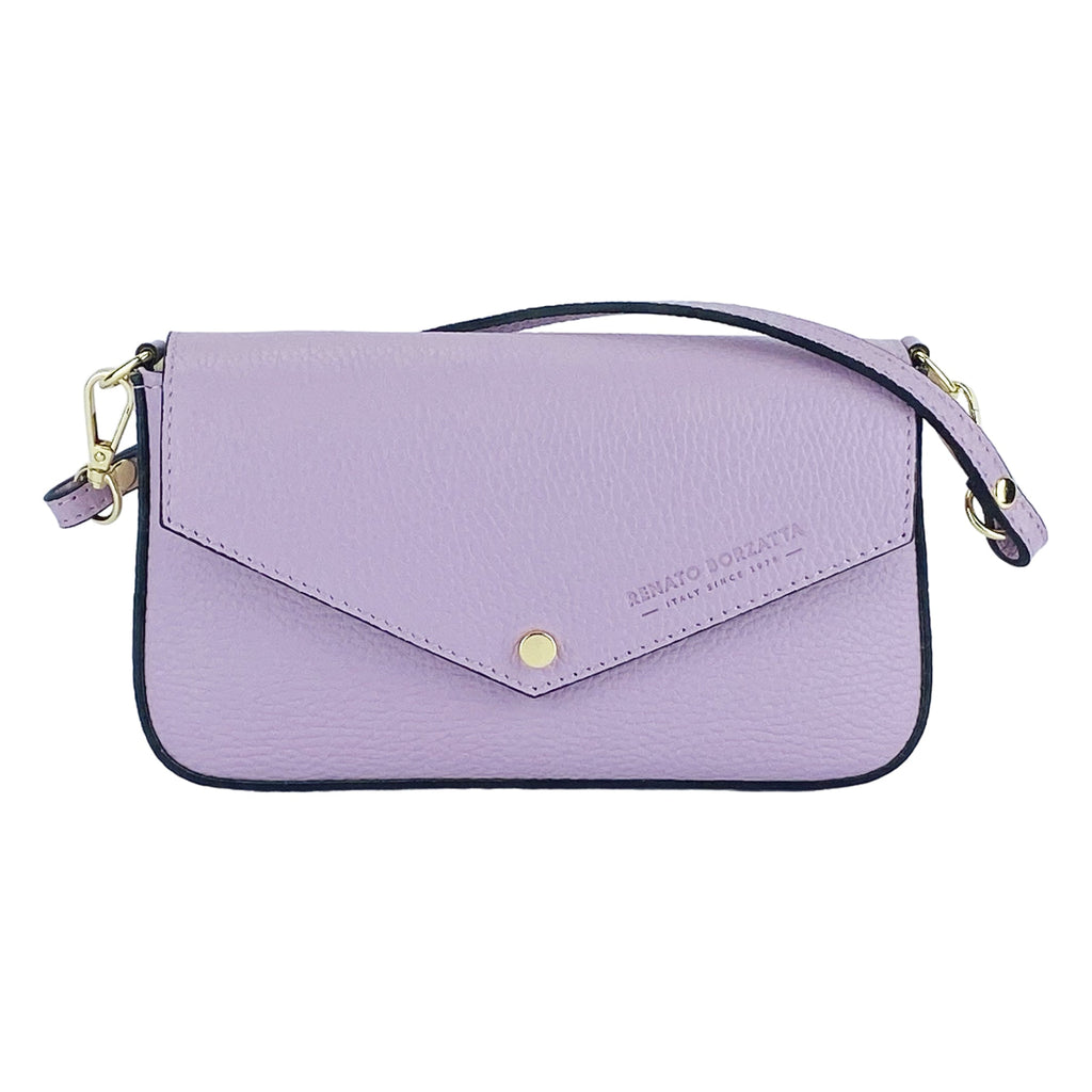 RB1023CI | Small Shoulder Bag with Removable Chain Strap in Genuine Leather Made in Italy. Closure flap - Lilac color - Dimensions: 22 x 12 x 3 cm.