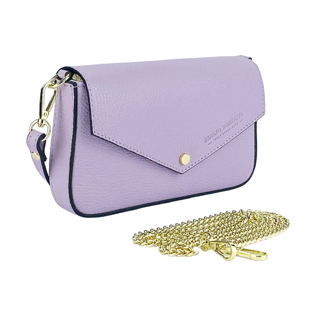 RB1023CI | Small Shoulder Bag with Removable Chain Strap in Genuine Leather Made in Italy. Closure flap - Lilac color - Dimensions: 22 x 12 x 3 cm.