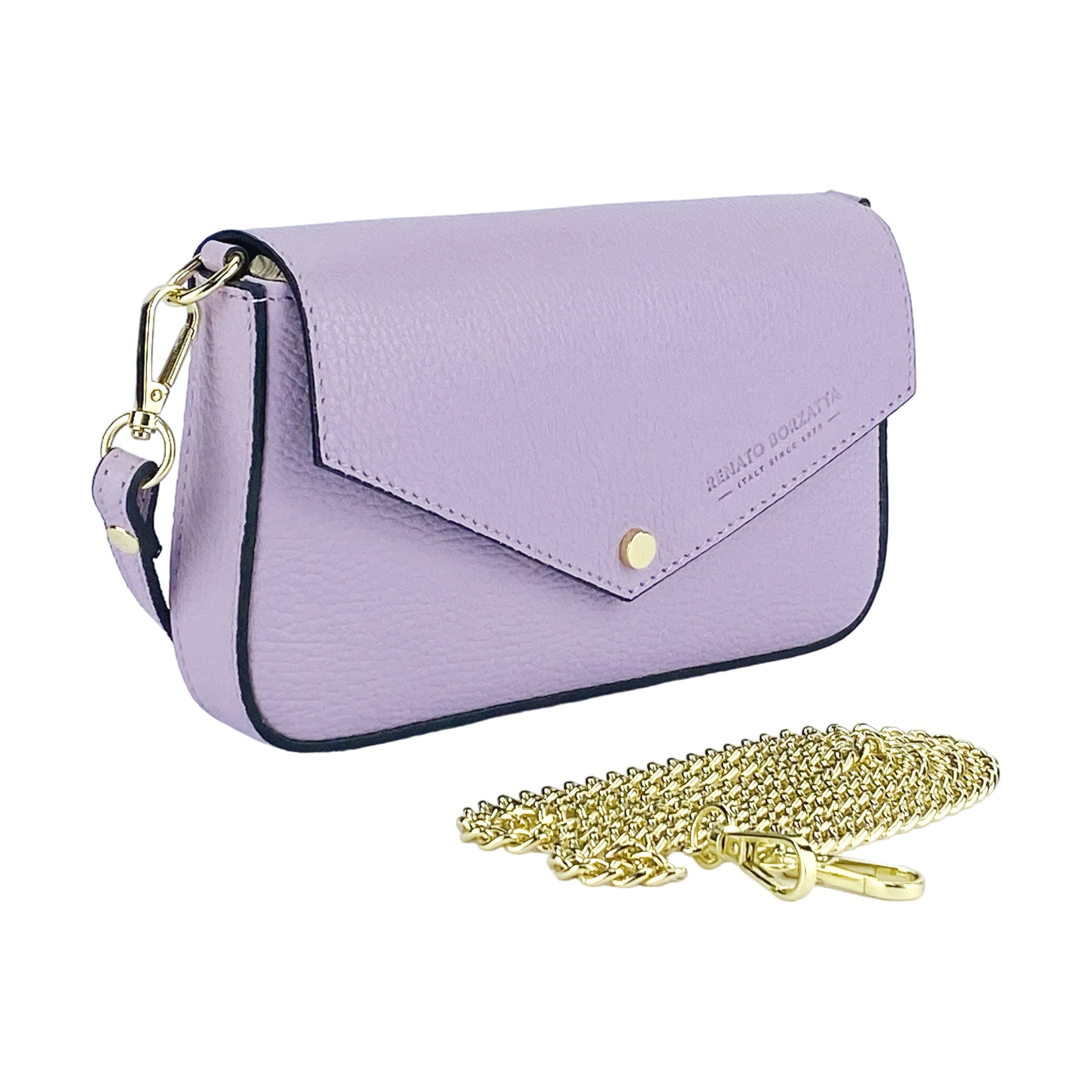 RB1023CI | Small Shoulder Bag with Removable Chain Strap in Genuine Leather Made in Italy. Closure flap - Lilac color - Dimensions: 22 x 12 x 3 cm.