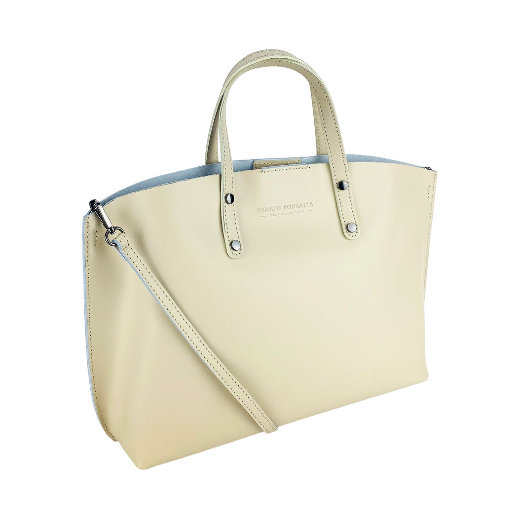 RB1024AL | Women's Hand Bag in Genuine Leather Made in Italy with removable shoulder strap. Large removable internal bag. Polished Gunmetal Accessories - Beige color - Dimensions: cm 48x31x11