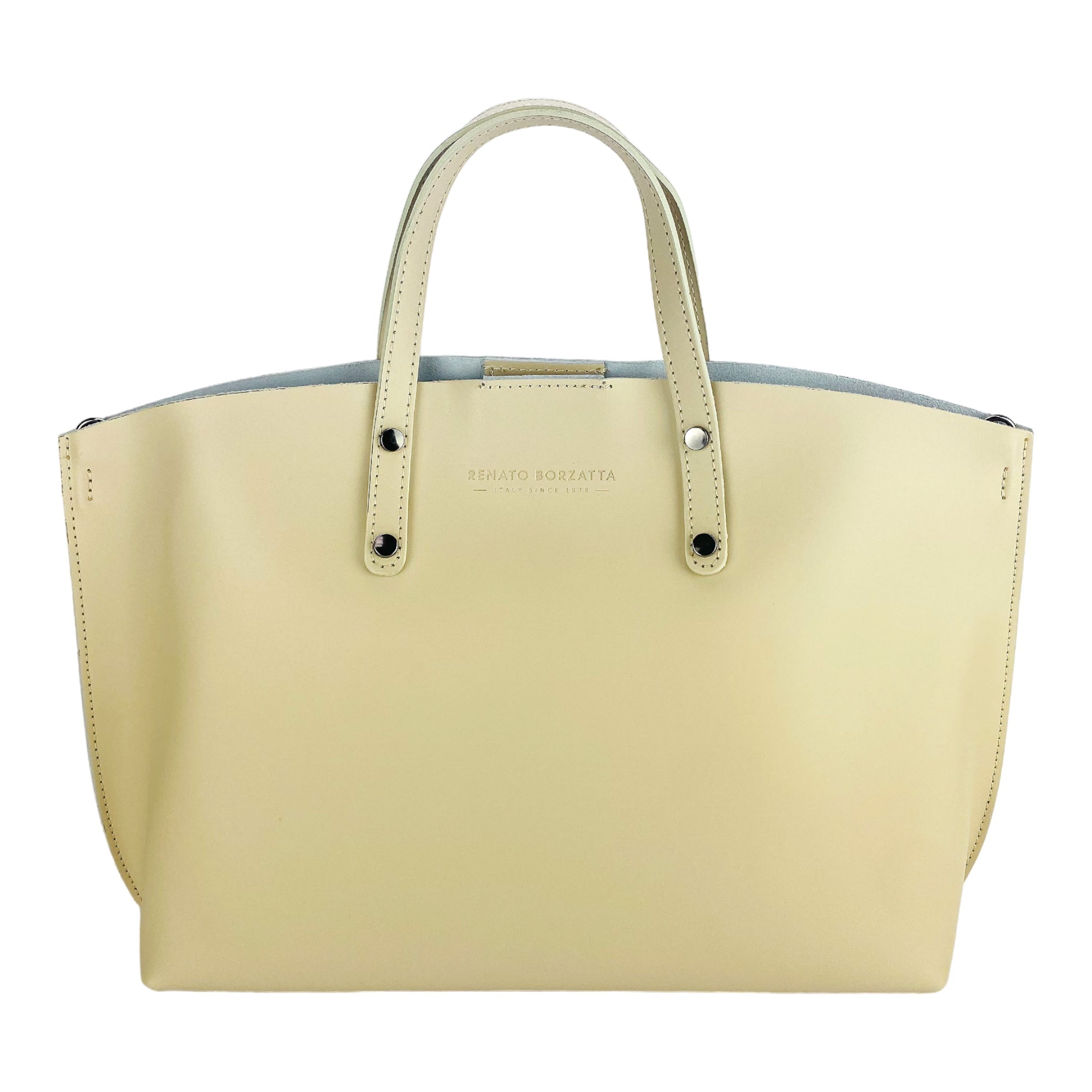 RB1024AL | Women's Hand Bag in Genuine Leather Made in Italy with removable shoulder strap. Large removable internal bag. Polished Gunmetal Accessories - Beige color - Dimensions: cm 48x31x11