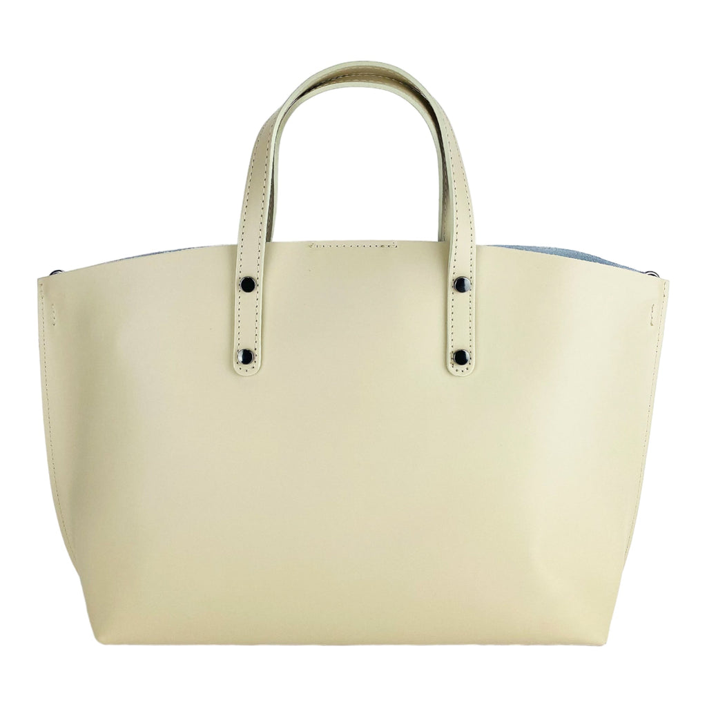 RB1024AL | Women's Hand Bag in Genuine Leather Made in Italy with removable shoulder strap. Large removable internal bag. Polished Gunmetal Accessories - Beige color - Dimensions: cm 48x31x11