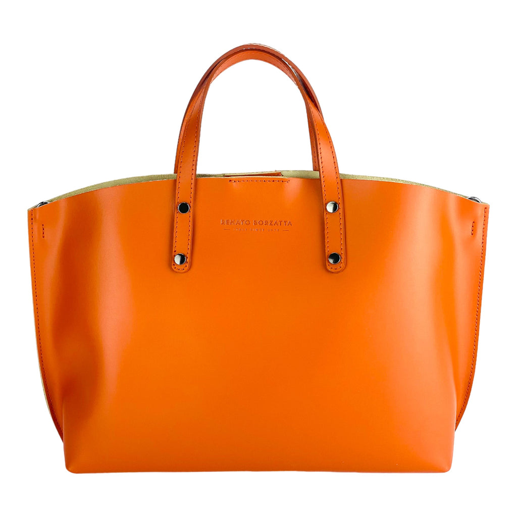 RB1024AM | Women's Made in Italy Genuine Leather Hand Bag with removable shoulder strap. Large removable internal bag. Polished Gunmetal Accessories - Paprika color - Dimensions: cm 48x31x11