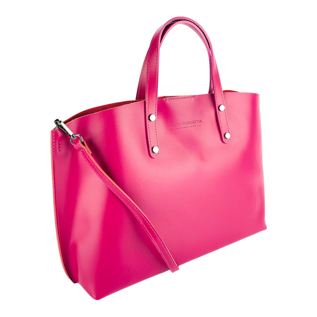 RB1024BE | Women's Genuine Leather Hand Bag Made in Italy with removable shoulder strap. Large removable internal bag. Polished Gunmetal Accessories - Color Fuxia - Dimensions: cm 48x31x11