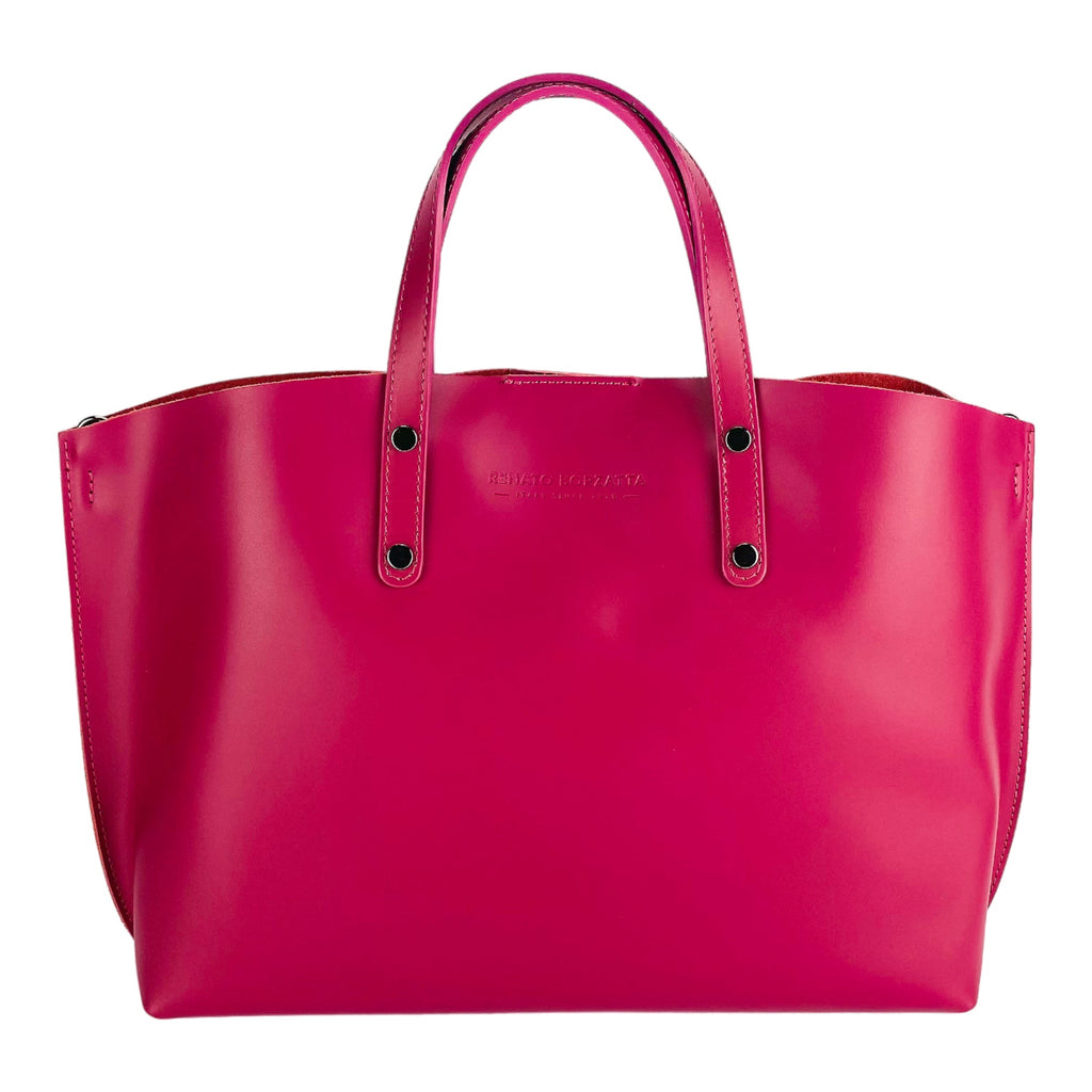 RB1024BE | Women's Genuine Leather Hand Bag Made in Italy with removable shoulder strap. Large removable internal bag. Polished Gunmetal Accessories - Color Fuxia - Dimensions: cm 48x31x11
