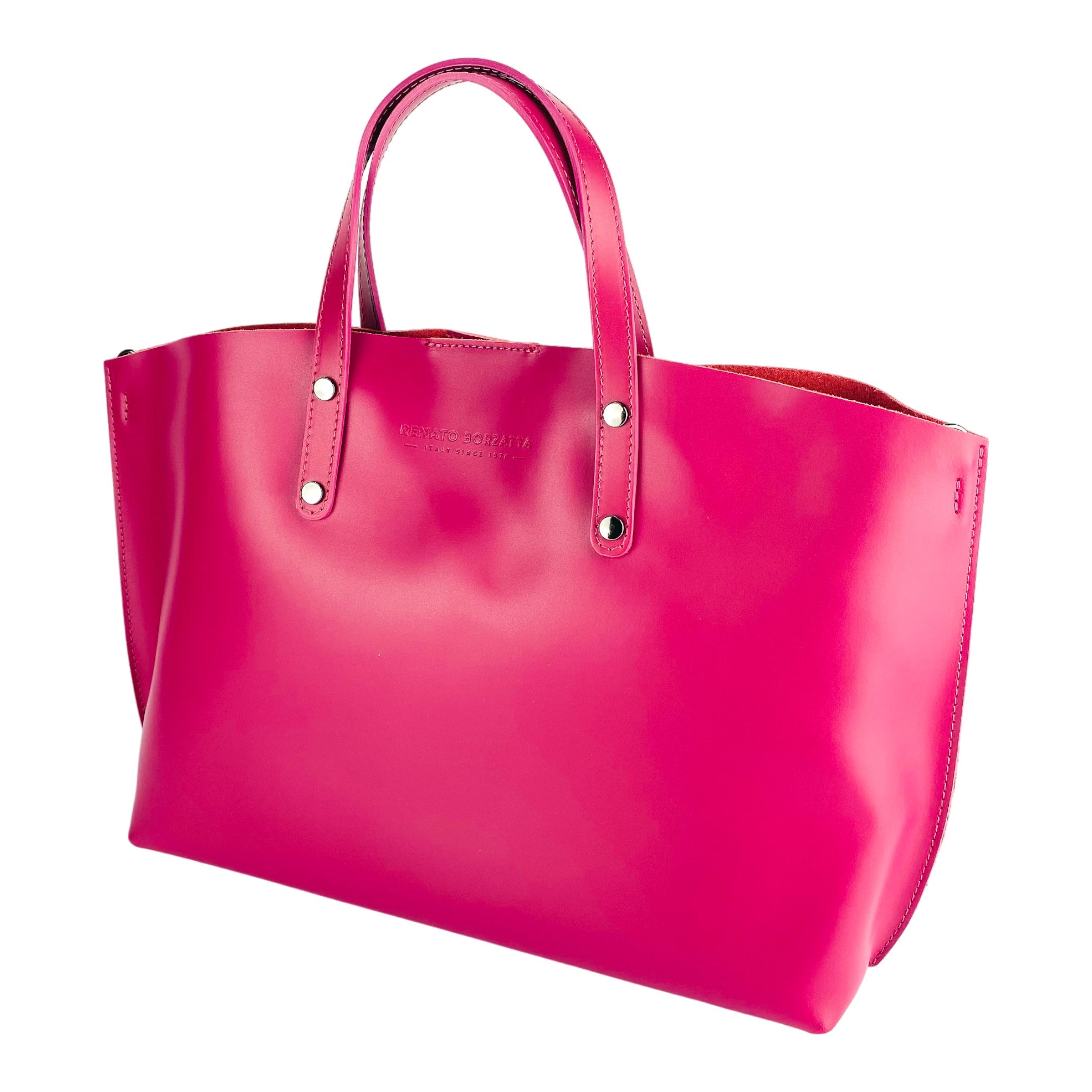 RB1024BE | Women's Genuine Leather Hand Bag Made in Italy with removable shoulder strap. Large removable internal bag. Polished Gunmetal Accessories - Color Fuxia - Dimensions: cm 48x31x11