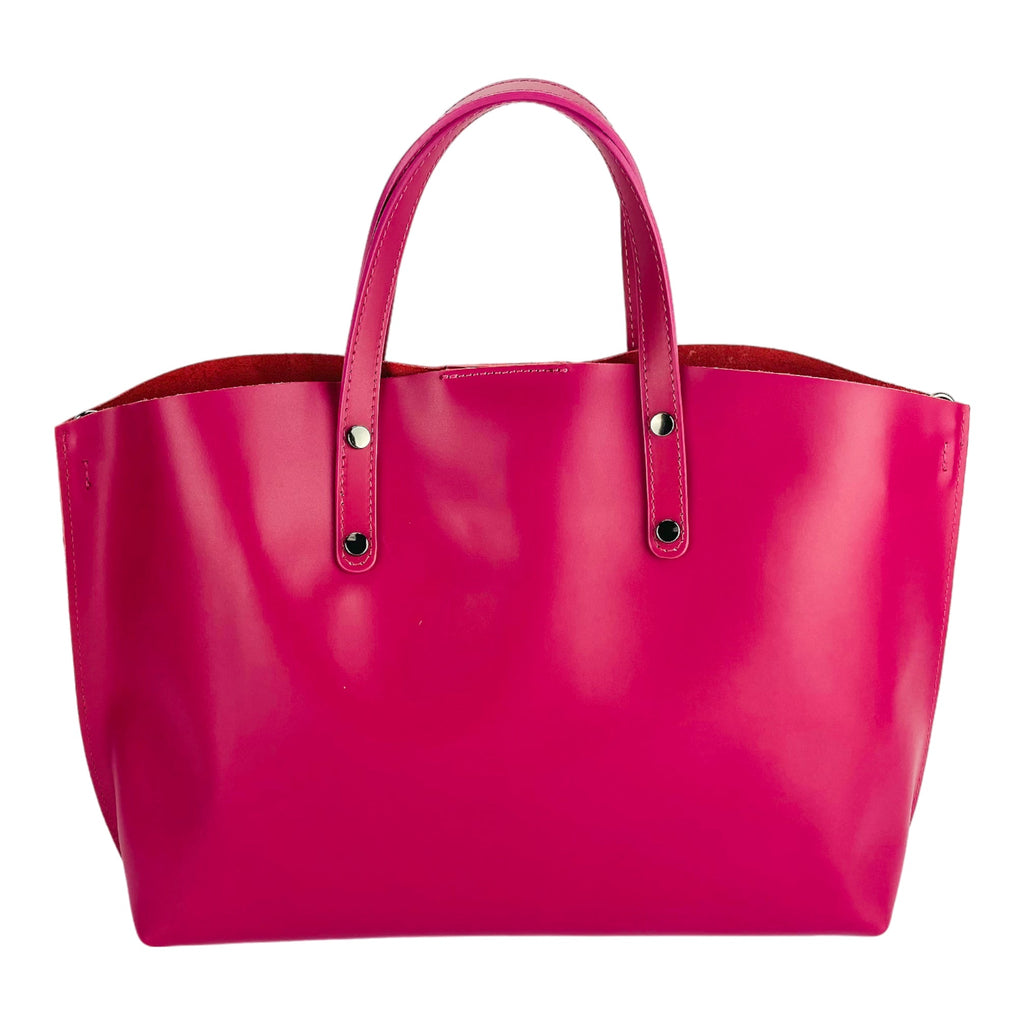 RB1024BE | Women's Genuine Leather Hand Bag Made in Italy with removable shoulder strap. Large removable internal bag. Polished Gunmetal Accessories - Color Fuxia - Dimensions: cm 48x31x11