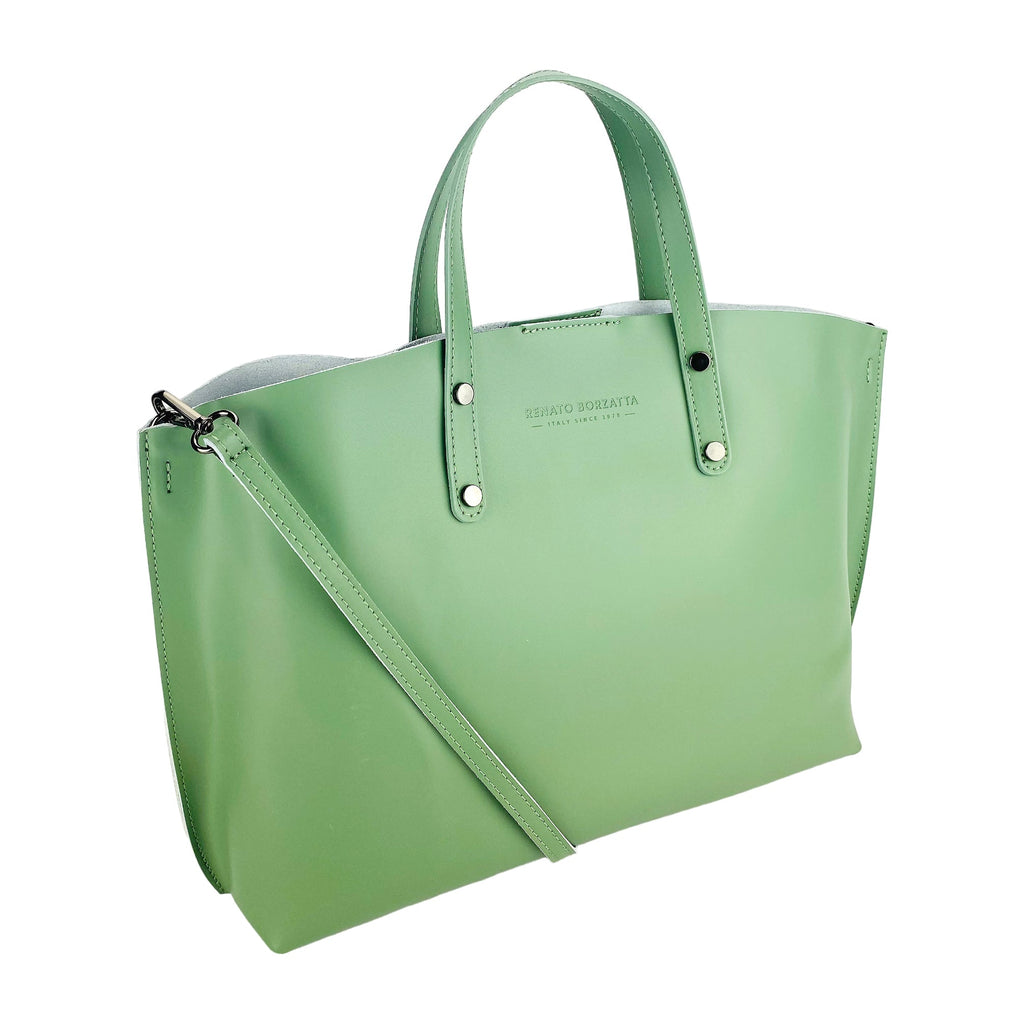 RB1024BF | Women's Genuine Leather Hand Bag Made in Italy with removable shoulder strap. Large removable internal bag. Shiny Gunmetal Accessories - Mint Color - Dimensions: cm 48x31x11