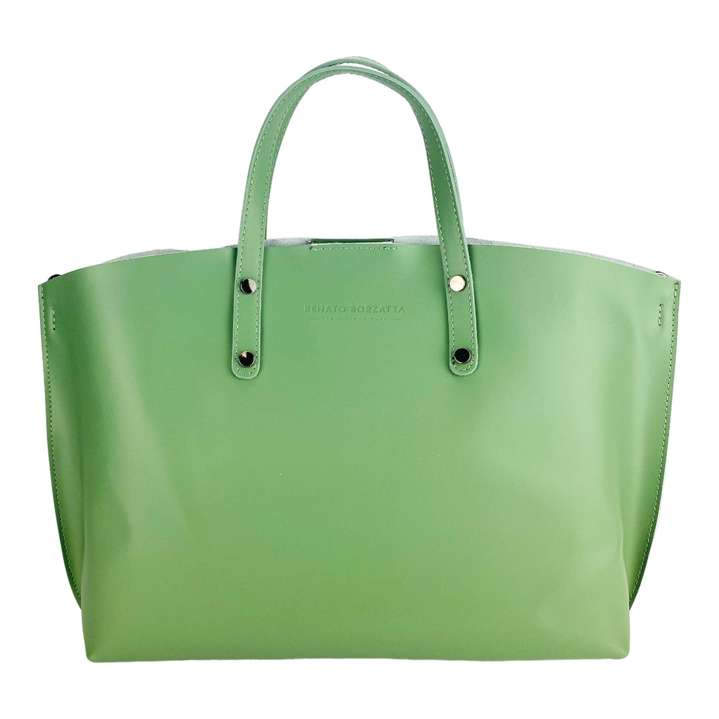 RB1024BF | Women's Genuine Leather Hand Bag Made in Italy with removable shoulder strap. Large removable internal bag. Shiny Gunmetal Accessories - Mint Color - Dimensions: cm 48x31x11