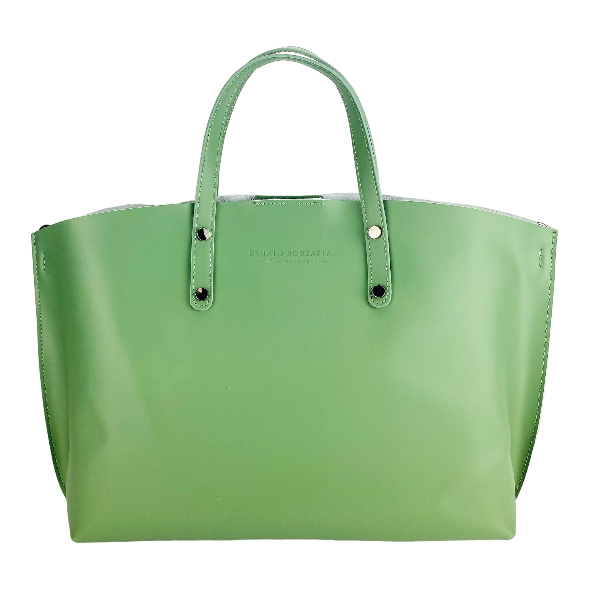 RB1024BF | Women's Genuine Leather Hand Bag Made in Italy with removable shoulder strap. Large removable internal bag. Shiny Gunmetal Accessories - Mint Color - Dimensions: cm 48x31x11