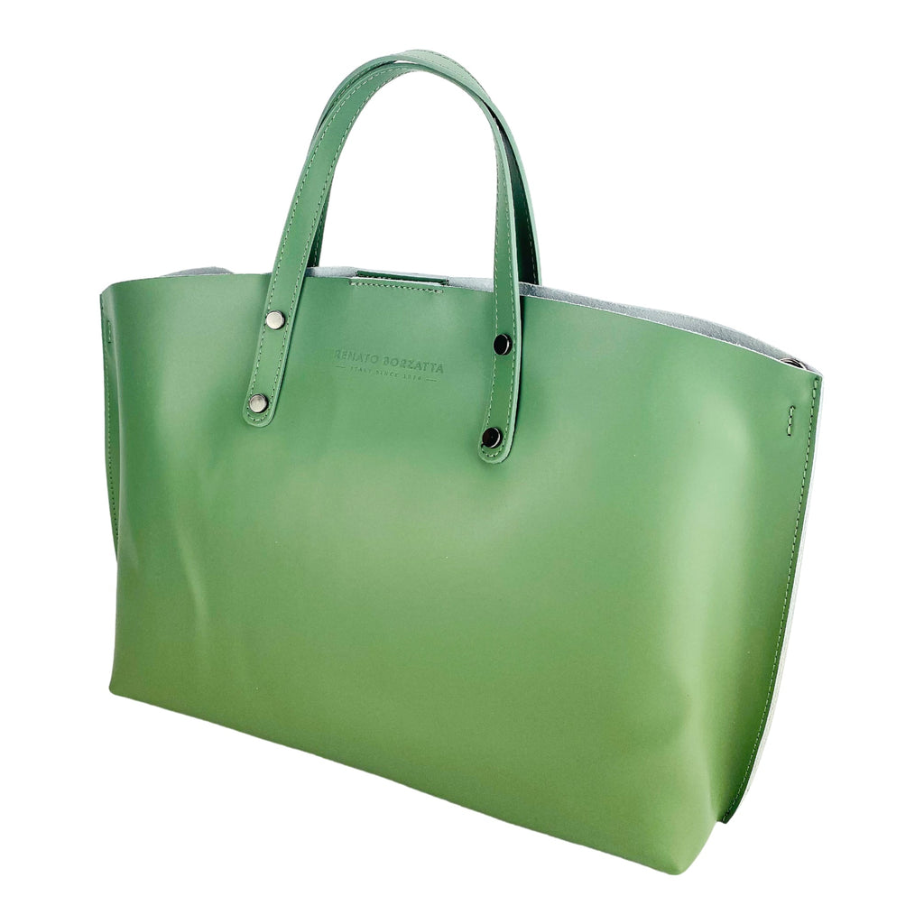 RB1024BF | Women's Genuine Leather Hand Bag Made in Italy with removable shoulder strap. Large removable internal bag. Shiny Gunmetal Accessories - Mint Color - Dimensions: cm 48x31x11