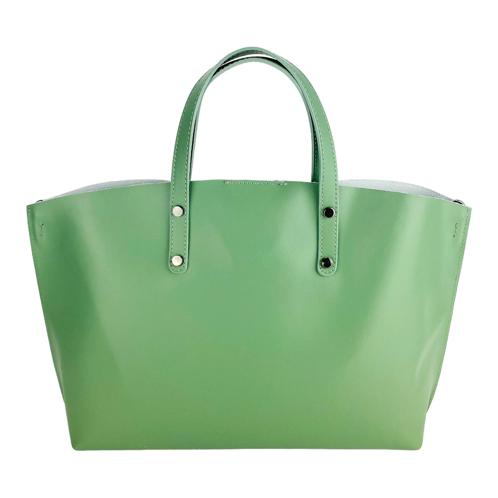 RB1024BF | Women's Genuine Leather Hand Bag Made in Italy with removable shoulder strap. Large removable internal bag. Shiny Gunmetal Accessories - Mint Color - Dimensions: cm 48x31x11